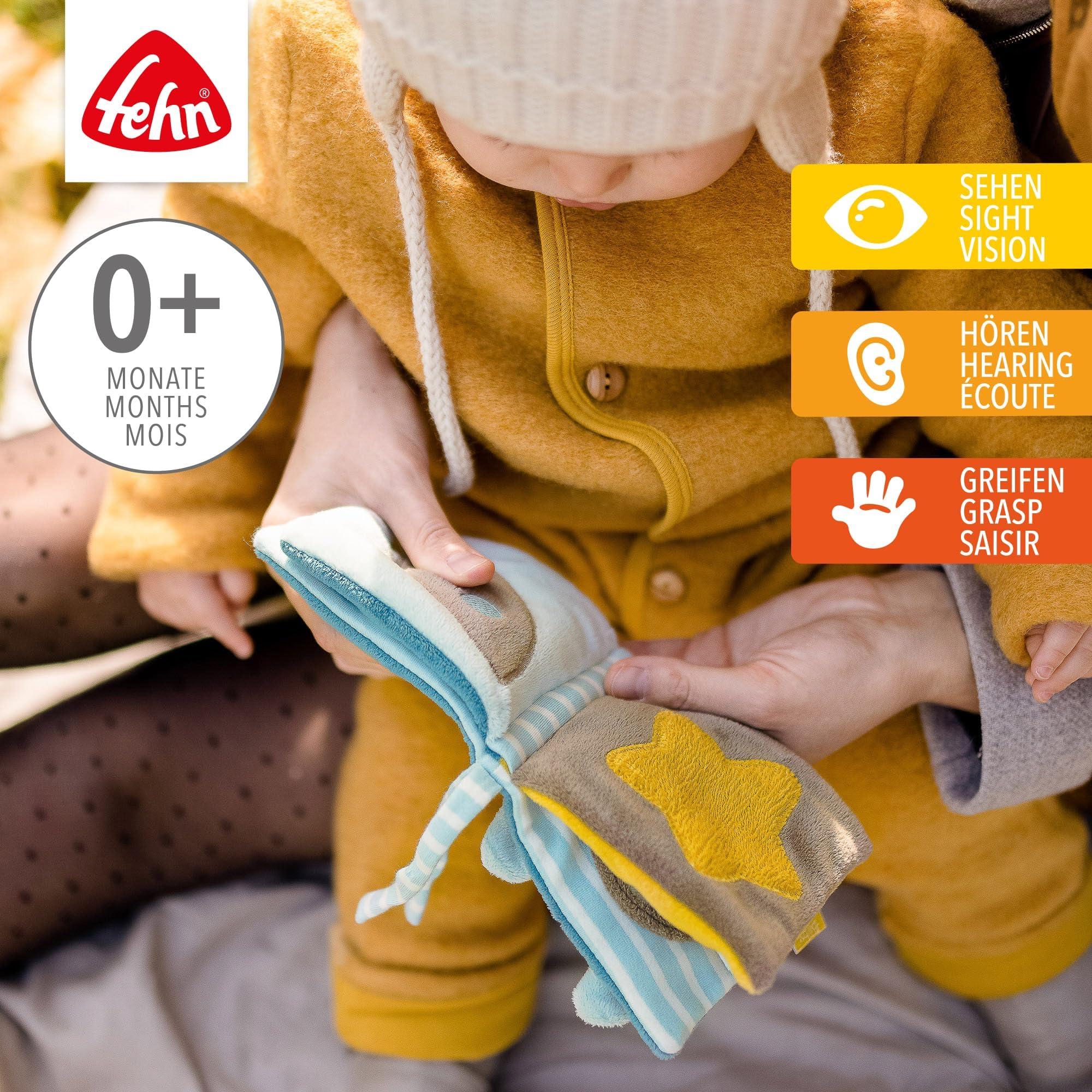 Fehn Soft-Bilderbuch Fledermaus/Fühlbuch aus Stoff mit Tier Motiven - mit Quietsche, Raschelpapier und Spiegel für Babys und Kleinkinder ab 0+ Monaten/Maße: 11x11 cm