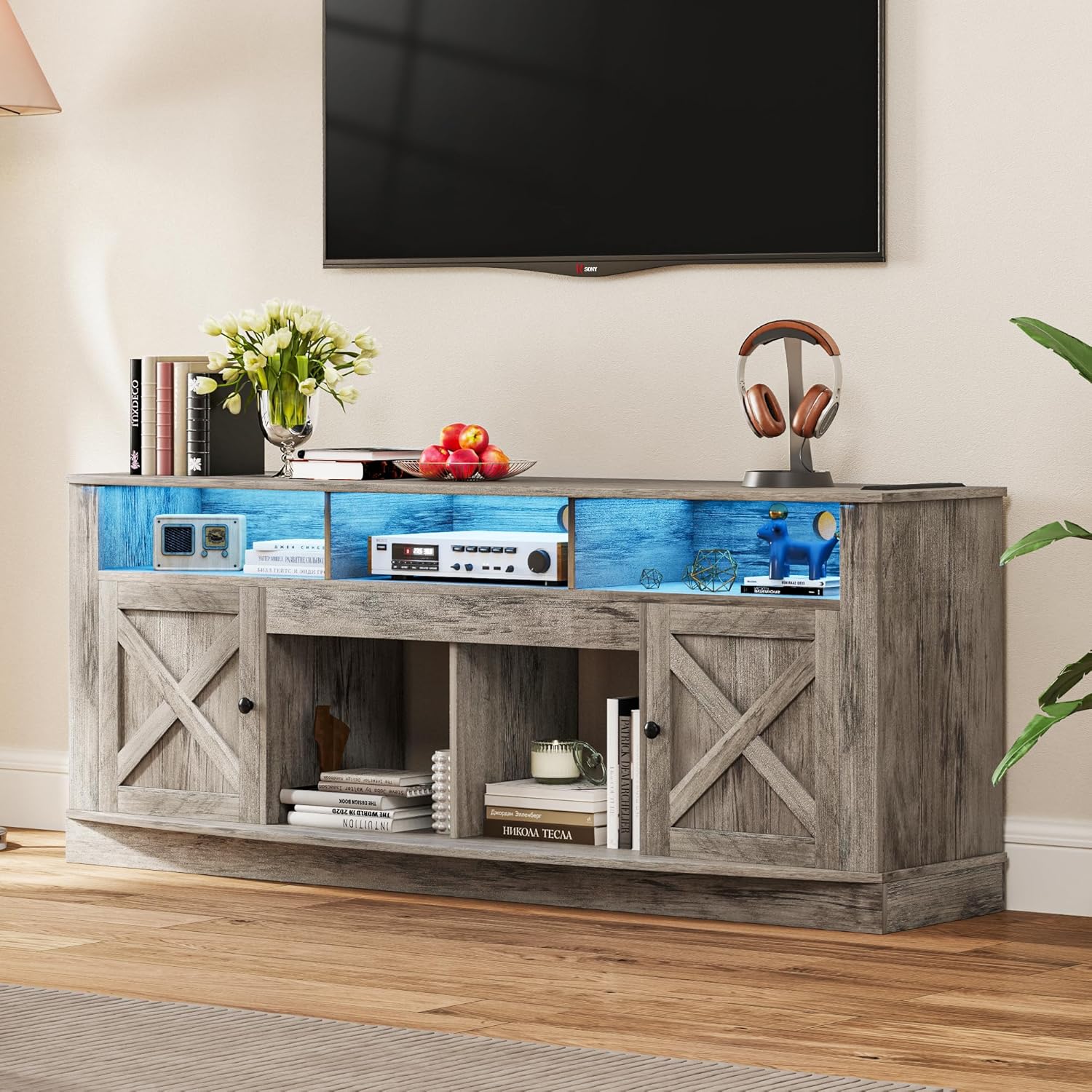 DWVO Farmhouse TV Stand for 75 Inch TV, Entertainment Center, LED Light Media Console, TV Cabinet with Barn Doors and Power Outlet for Living Room, Grey Oak