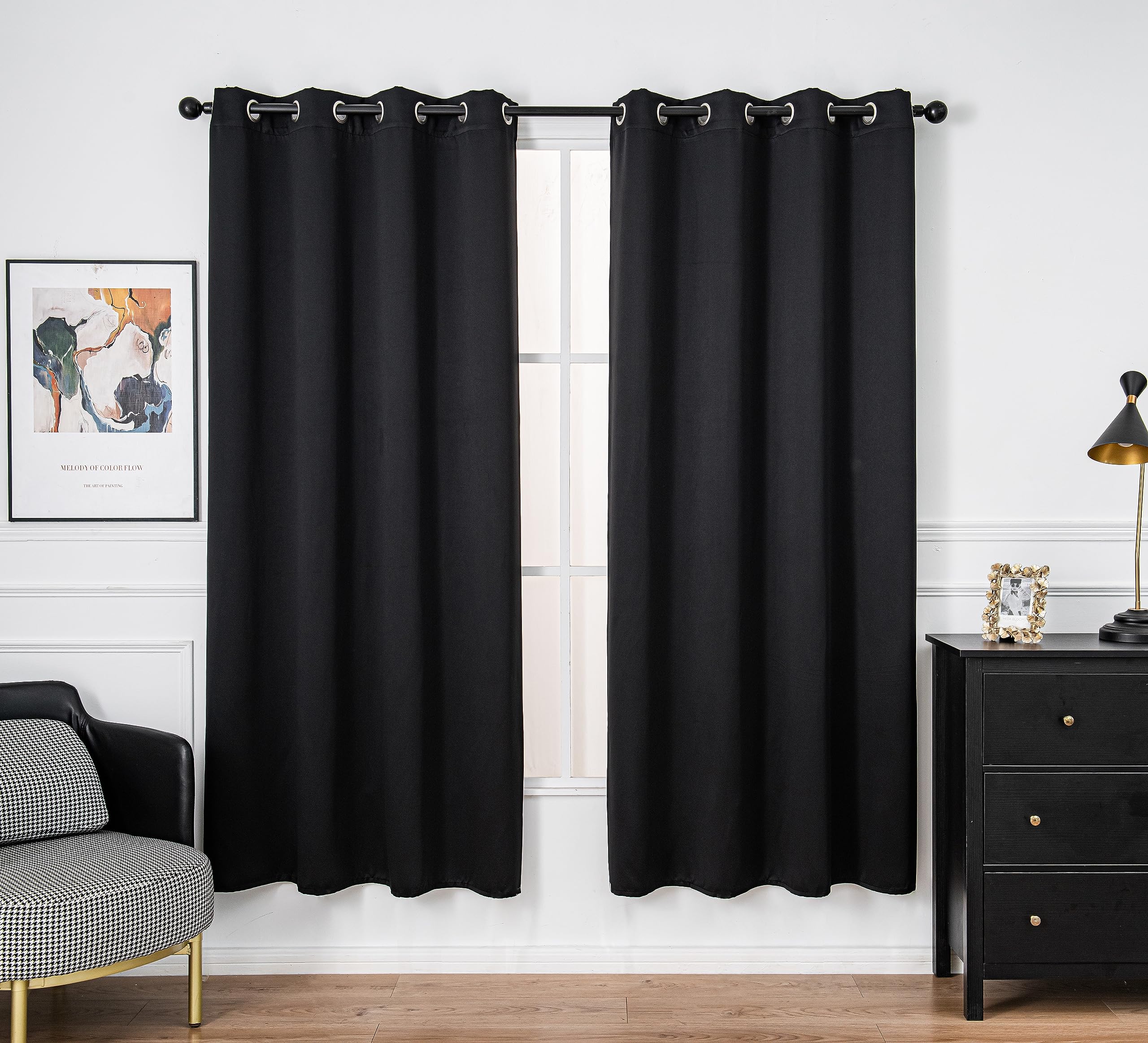 PI Blackout Curtain Panels,Thermal Insulated Energy Saving Grommet Window Treatment for Living Room/Bedroom/GLASSDOOR 1 Panel (Black,W52XL80)