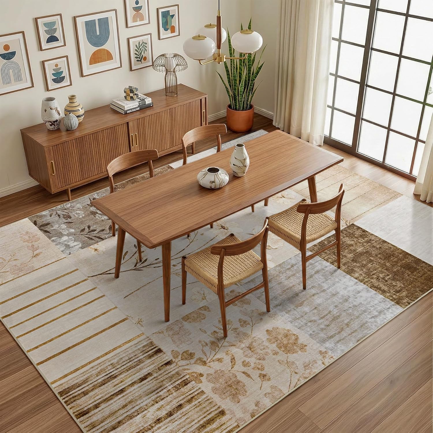 Modern Area Rugs for Living Room, 4x6 Feet Geometric Patchwork Rug, Washable Non-Slip Indoor Low Pile Carpets for Bedroom Dining Room Office Playroom Home Dorm Decor, Beige