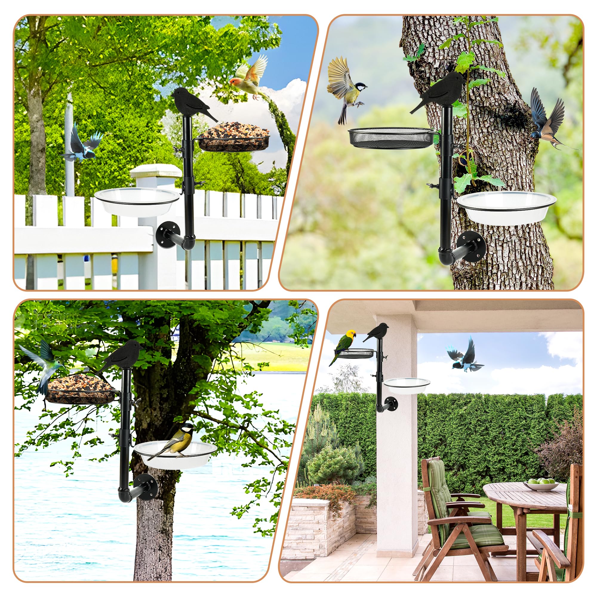 Comedero para pájaros montado en la pared, plataforma de comedero para pájaros con bandeja de semillas de metal y 2 cuencos de baño para pájaros, valla de montaje en árbol, comedero para pájaros,