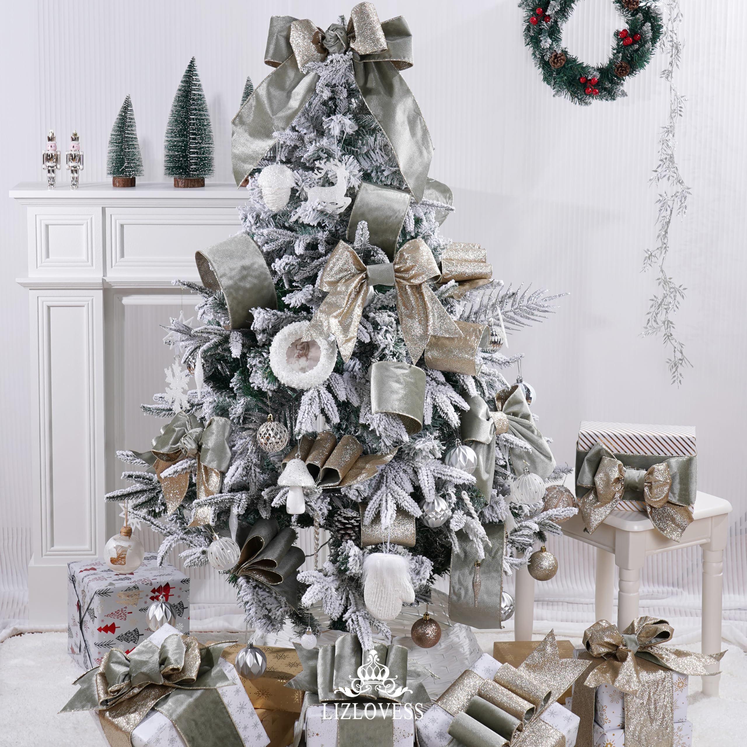 Samtband mit Glitzer-Rückseite, 10,2 cm, Grün und Gold, Weihnachtsband für Weihnachtsbaum, Geschenkverpackungen, Handwerk, Kränze, Topperschleifen (9,1 m)
