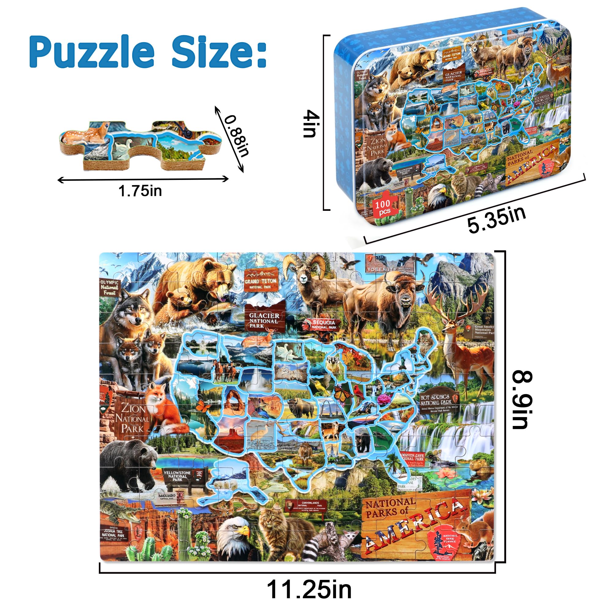 LELEMON Puzzle pour enfants de 4 à 6 ans, carte des parcs nationaux, puzzles de 100 pièces pour enfants de 4 à 8 ans dans une boîte en métal, puzzles éducatifs de 100 pièces, puzzles pour