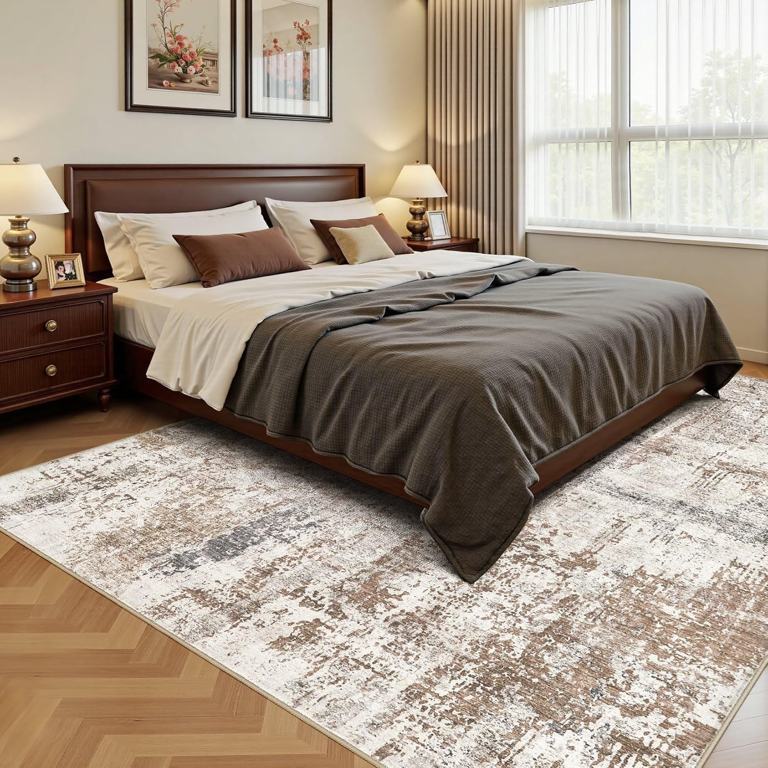 Area Rug Living Room Rugs - Washable Neutral Modern Abstract Soft Thin Rug Indoor Floor No Slip Rug Carpet for Bedroom Under Dining Table Home Office Decor - Brown/Grey/Red - 8x10 Brown/Grey/Red 8' x 10' (Rectangular)