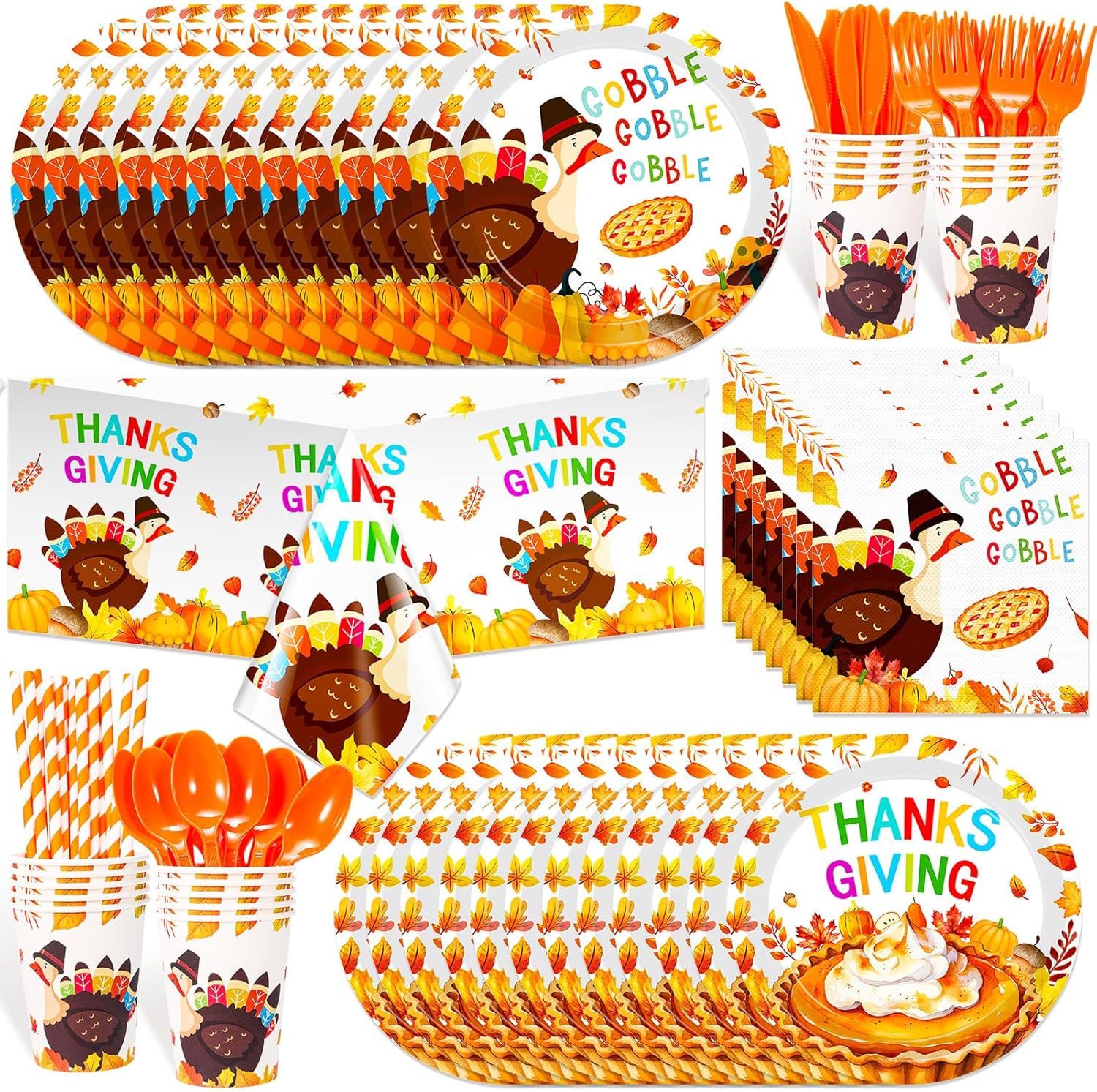 HOWAF Thanksgiving Party Supplies Kit, Thanksgiving Disposable Dinnerware with Turkey Dinner & Dessert Plates, Napkins, Cups, Tablecloth for Thanksgiving/Friendsgiving Party Decorations, Serves 16