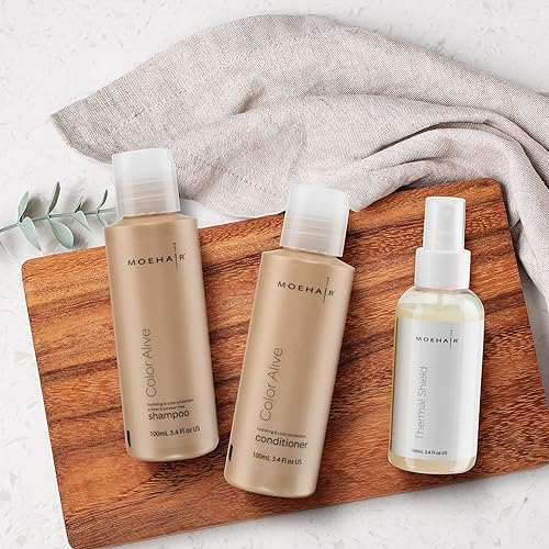 Miniatura 7 de MOEHAIR Paquete de viaje para cabello teñido, champú Color Alive de 3.4 onzas líquidas, acondicionador de 3.4 onzas líquidas y spray de protección