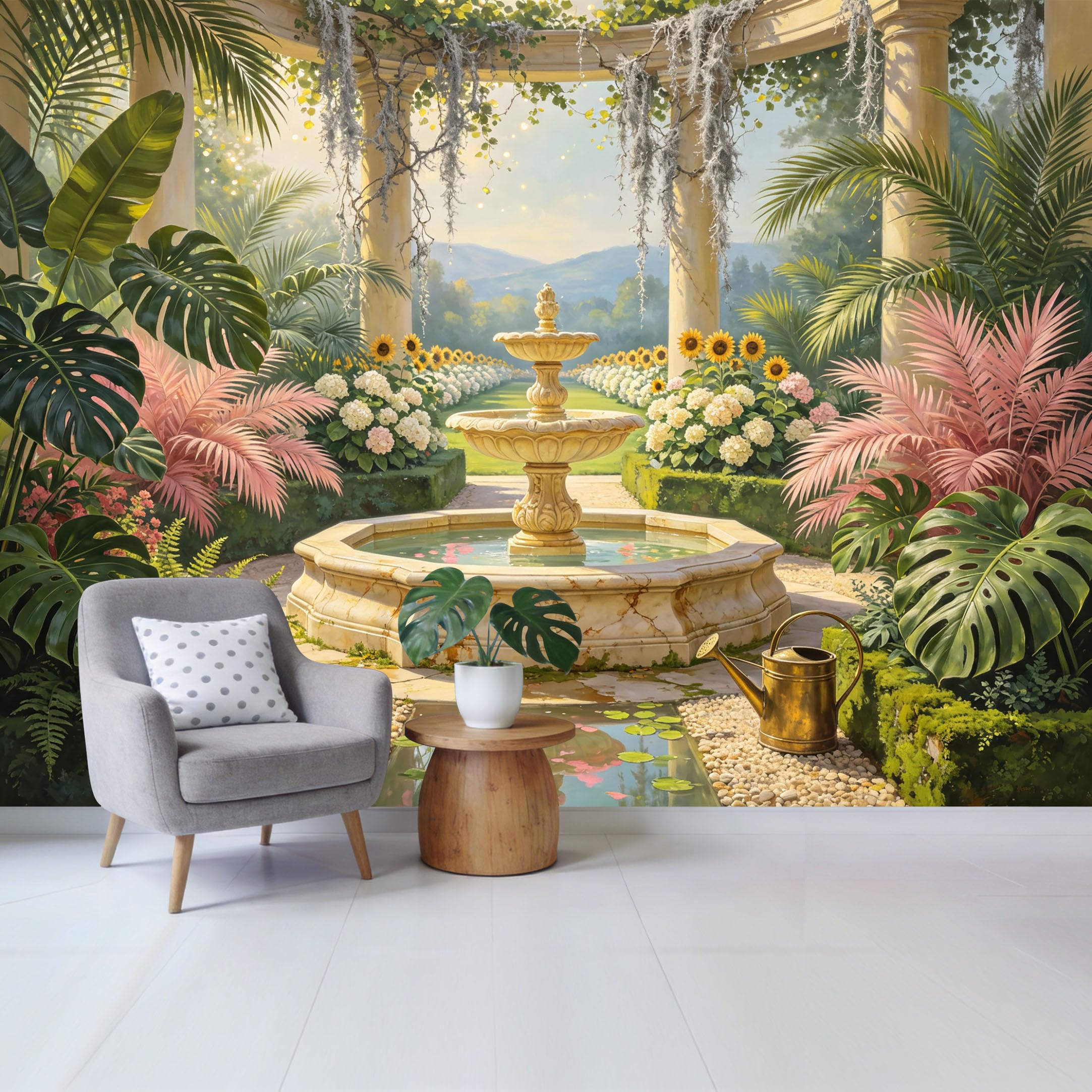 Custom Size Wall Mural Tropical Garden Fountain Sunflower Botanical 3D Trompe L'Oeil Removable Self Adhesive Fabric，Home Wall Decor for Living Room Bedroom Bathroom