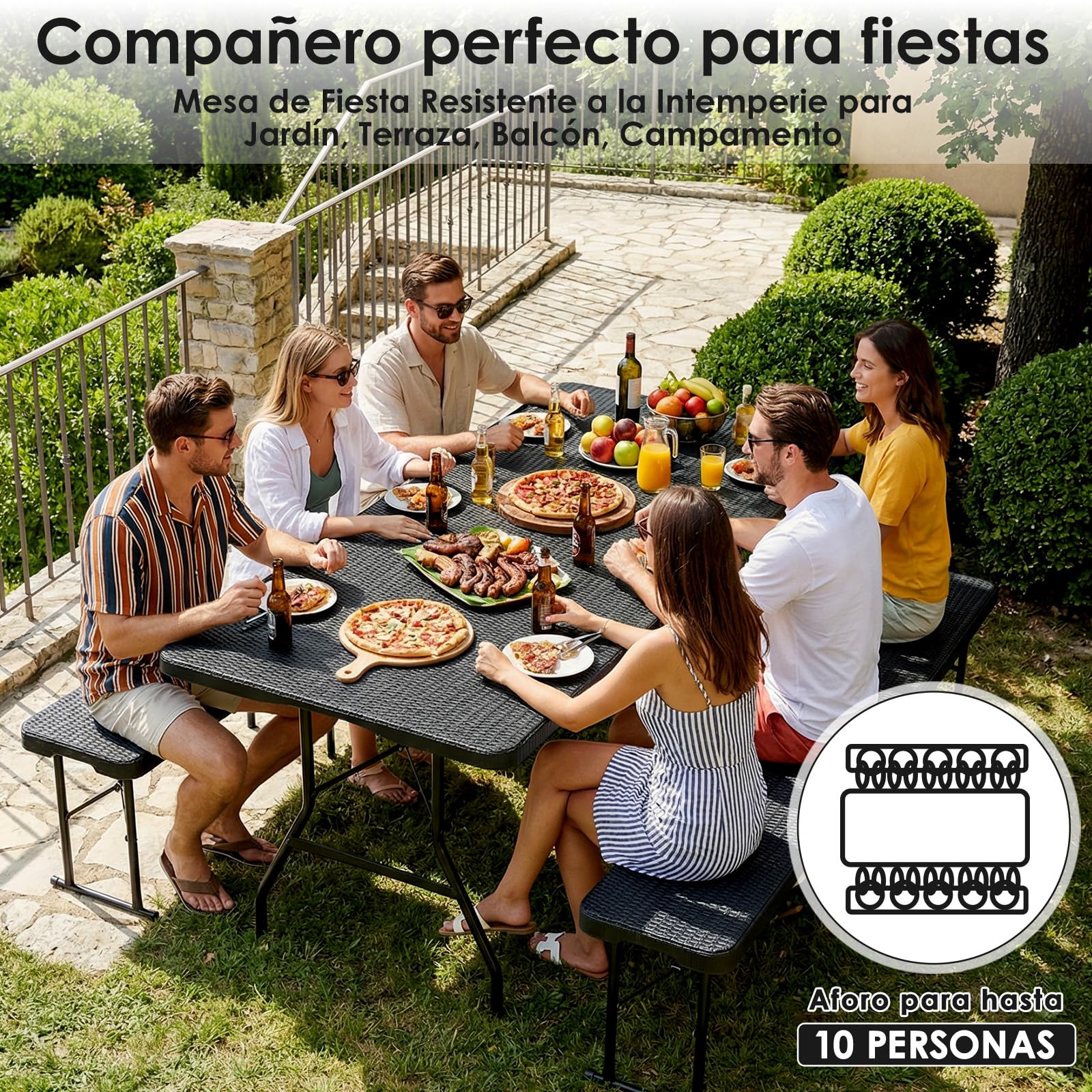 LIFERUN Mesa Plegable Portátil 180x75 cm, Mesa Buffet de Plástico
