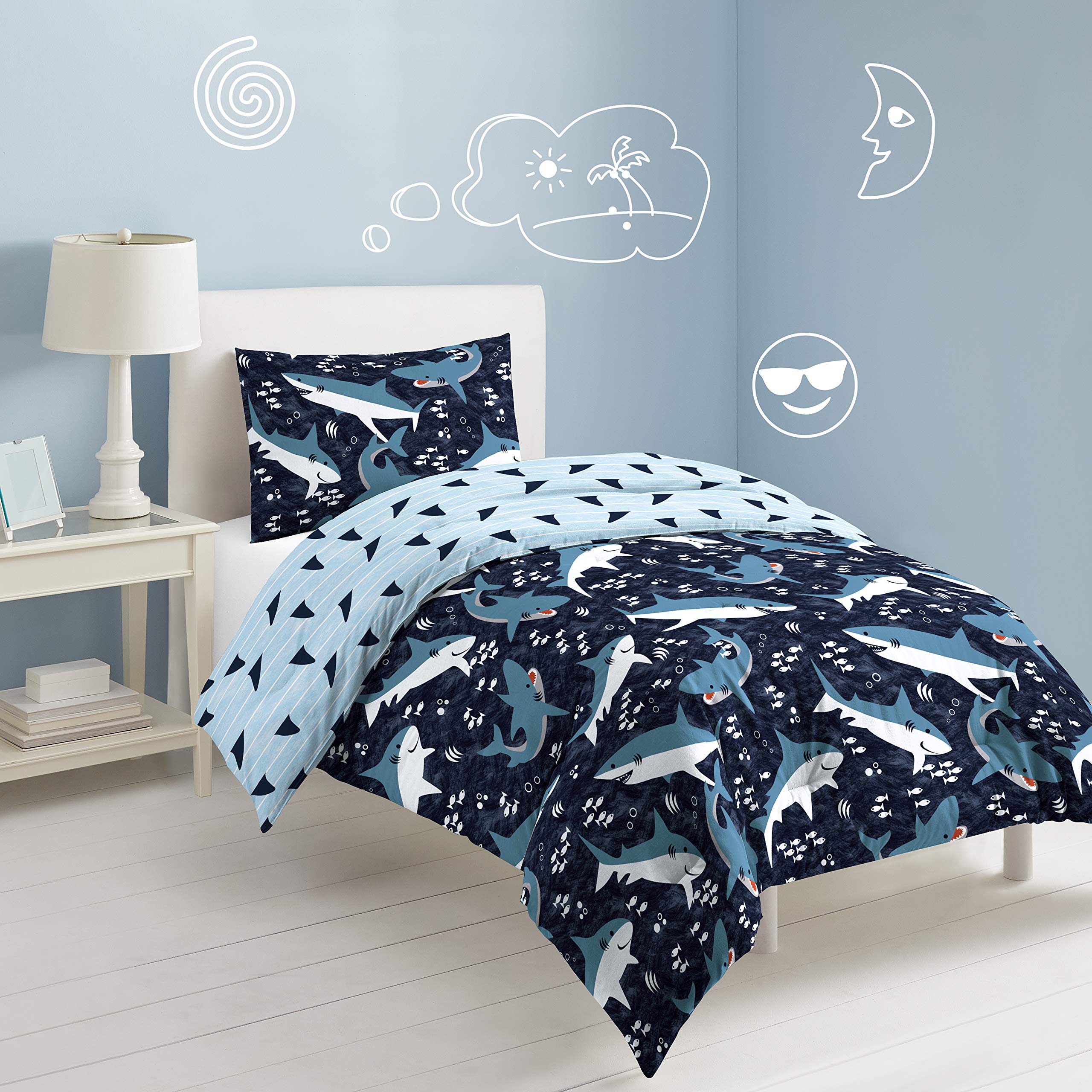 Sharks Boys Twin Size Boys Bedding Set Cotton Kids Comforter Set with Sham, 2 Piece, Twin, Navy