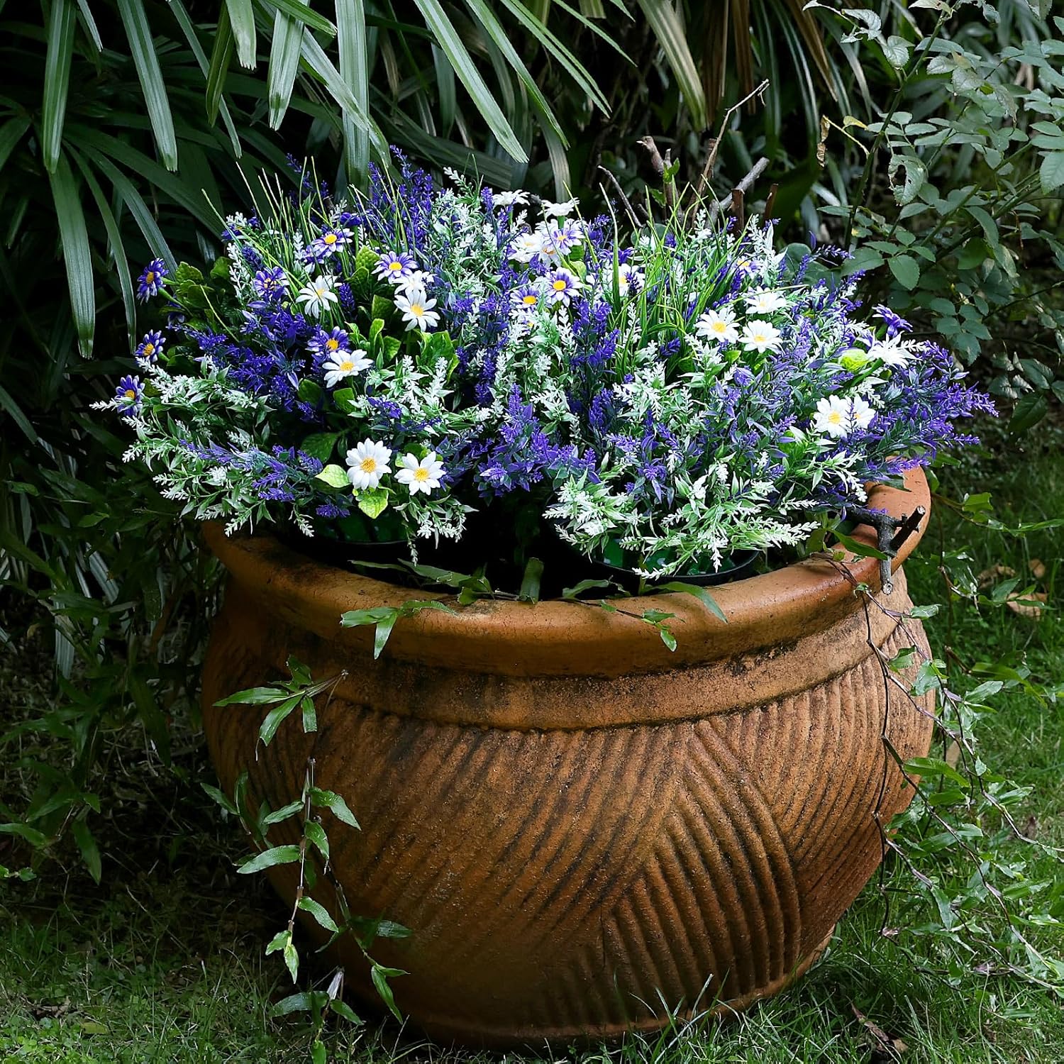 2 Pcs Artificial Potted Flowers for Outdoors - 16 Inch Large Pre-Assembly Purple Flowers Faux Plants Lavender Daisy for Outdoor Home Office Front Doors Patios Porches Yards Decor