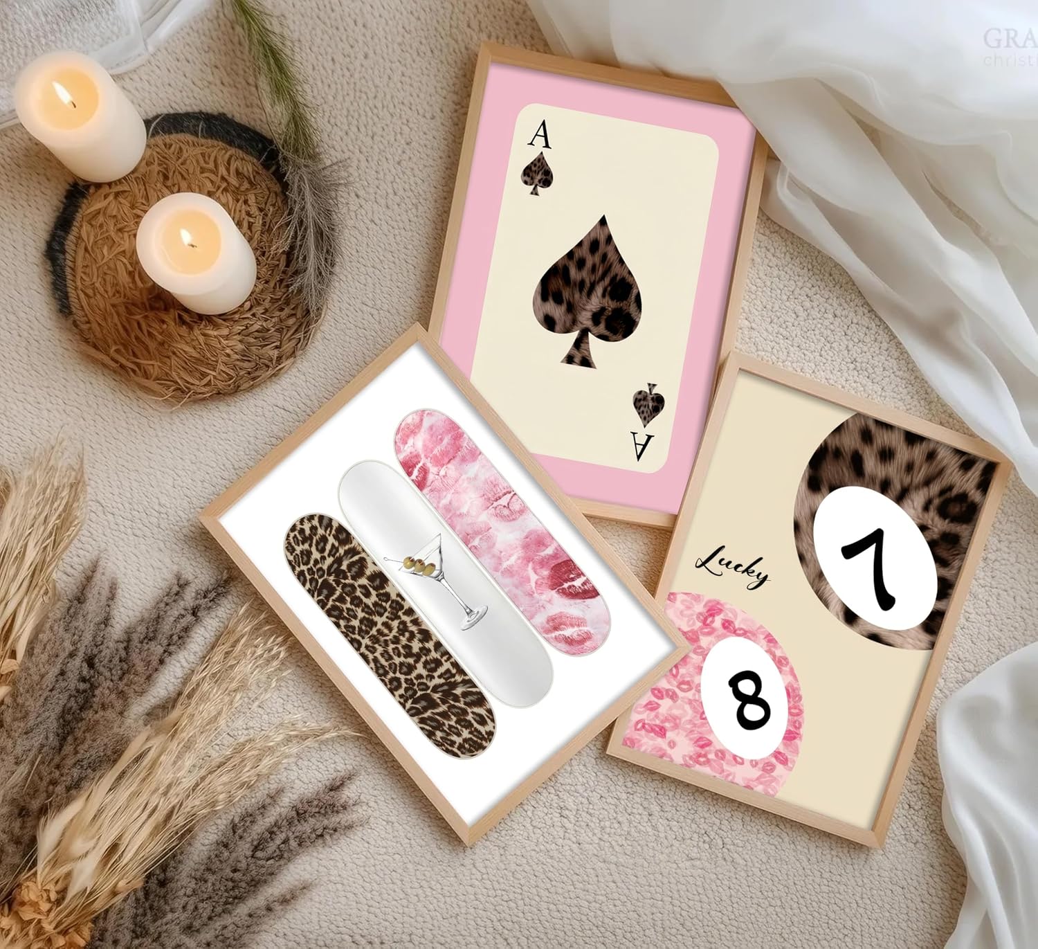 3Pcs Trendy Pink Leopard Print Wall Art Lucky 8 Ball Lip Print Playing Card Fashion Aesthetic Coquette Luxury Poster Print Artwork for living room Dorm Girls Bedroom Home Decoration