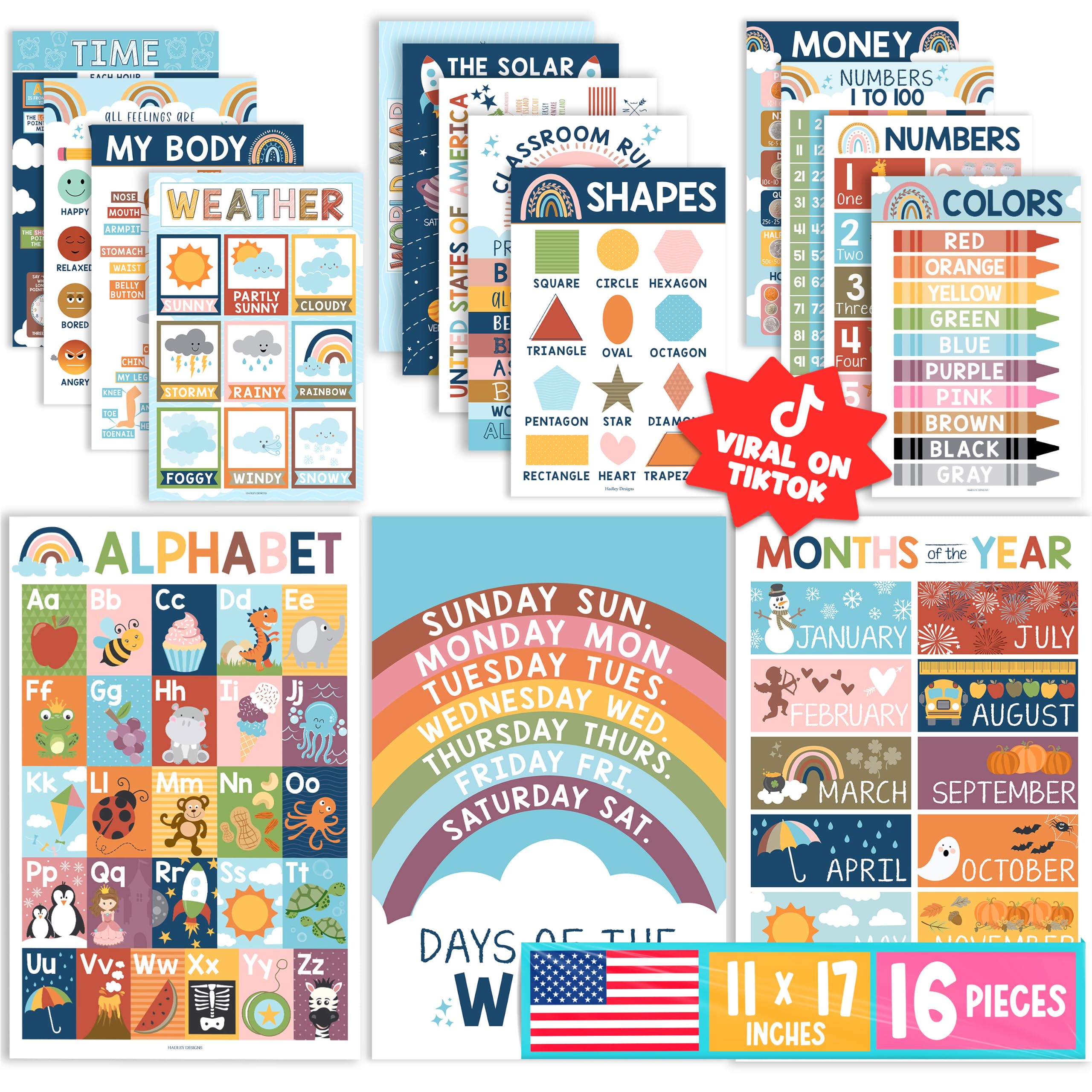 16 Boho-Kinder-Pädagogische Poster für Kleinkinder – Lehrer-Poster für Klassenzimmer-Poster Elementar, Pre K Lernposter für Kleinkinder 1–3, Boho-Klassenzimmer-Poster, Alphabet-Poster für Kleinkinder
