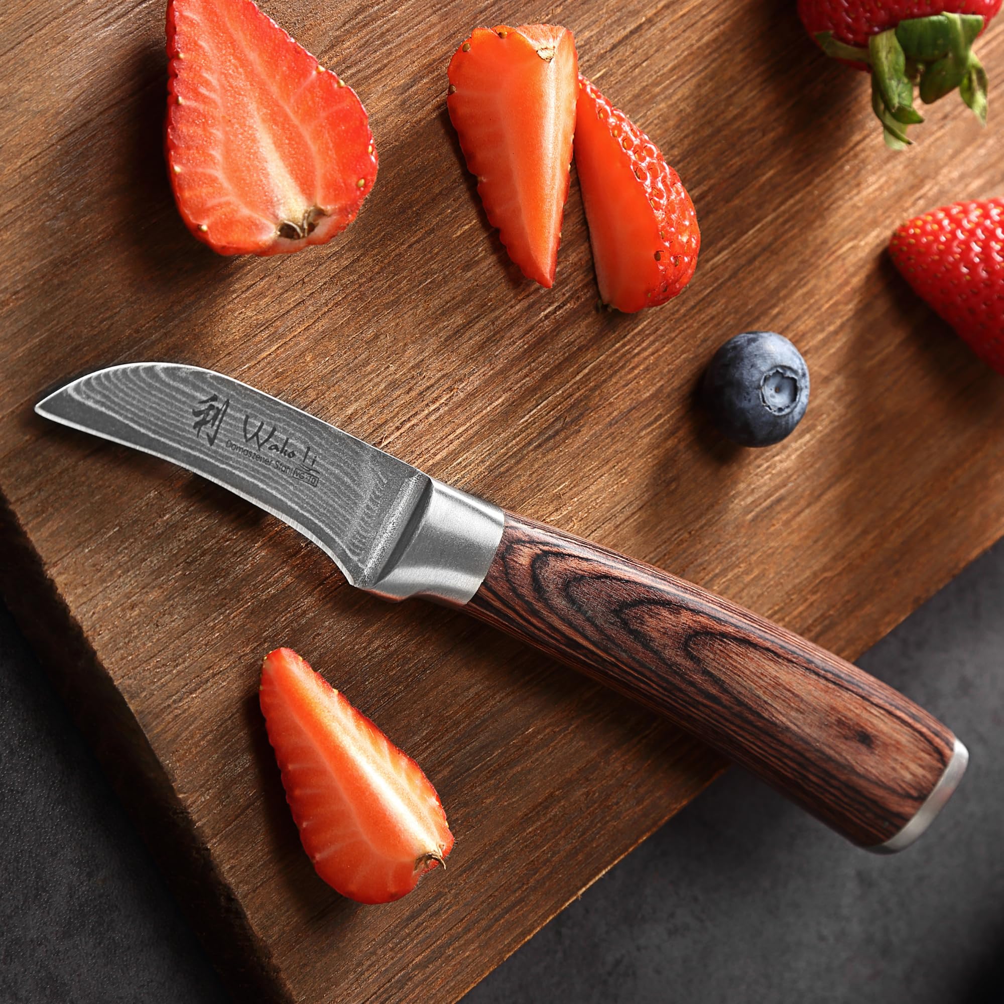 Wakoli Edib Couteau à éplucher en Damas I Lame tranchante de 6,2 cm en acier damassé à 67 couches avec noyau VG10 et manche en bois de pakka I Couteau de cuisine professionnel & couteau damassé