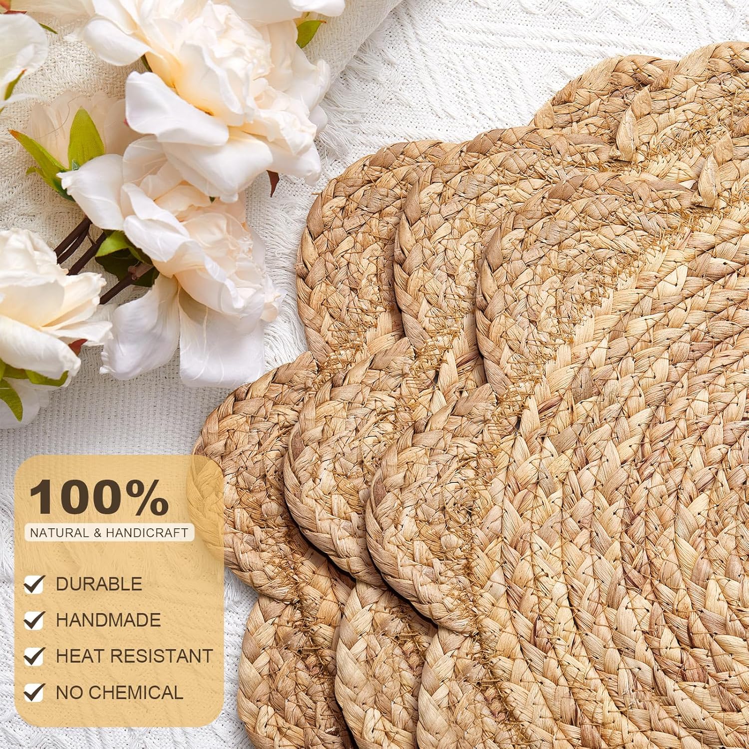 6 Set 13.8 Inch Round Woven Rattan Placemats Plate Chargers, Scalloped Edge Rattan Place Mats, Boho Farmhouse Braided Straw Table Mats House Warming Gift Dining Table Decor, Party, Events