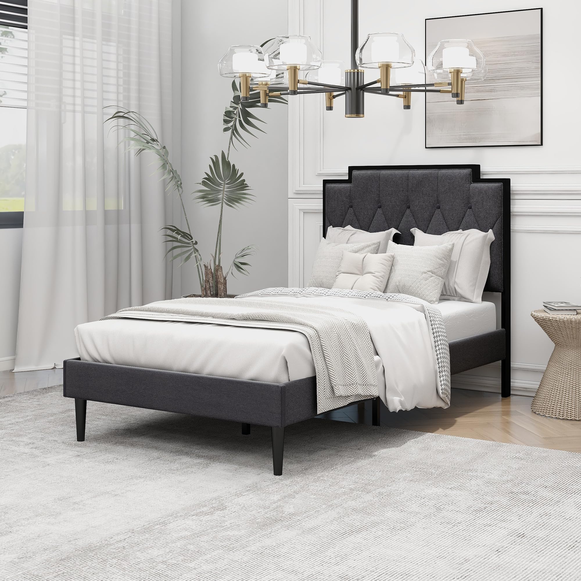 AGARTT Upholstered Platform Twin Size Bed Frame with Headboard Premium Stable Wood Slat Support No Box Spring Required Graphite