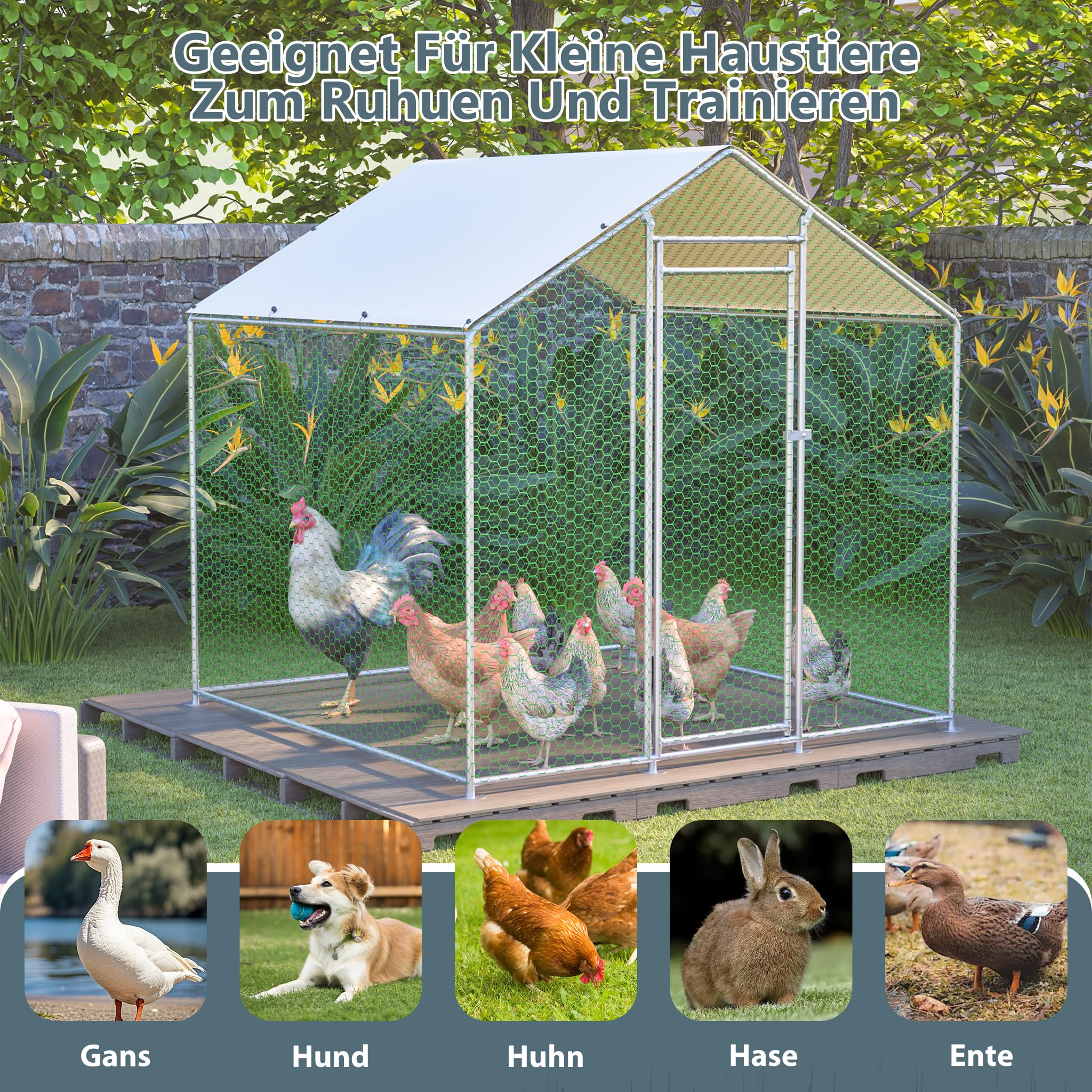 Redkid Corral Metálico para Gallinas 4m² 2x2x2m, Recinto Exterior para Gallinas, Conejos y Pequeños Animales, Lona PE Impermeable, Cierre de Seguridad