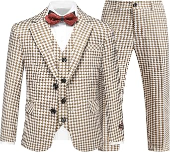 Lamgool Boys Plaid Suits 3 Piece Tuxedo Set Slim Fit Kids Outfits Size 4-16 | Houndstooth Blazer Vest Pant Set, Vintage Checkered Style Suit, Flap Pockets, Easter Suits for Boys