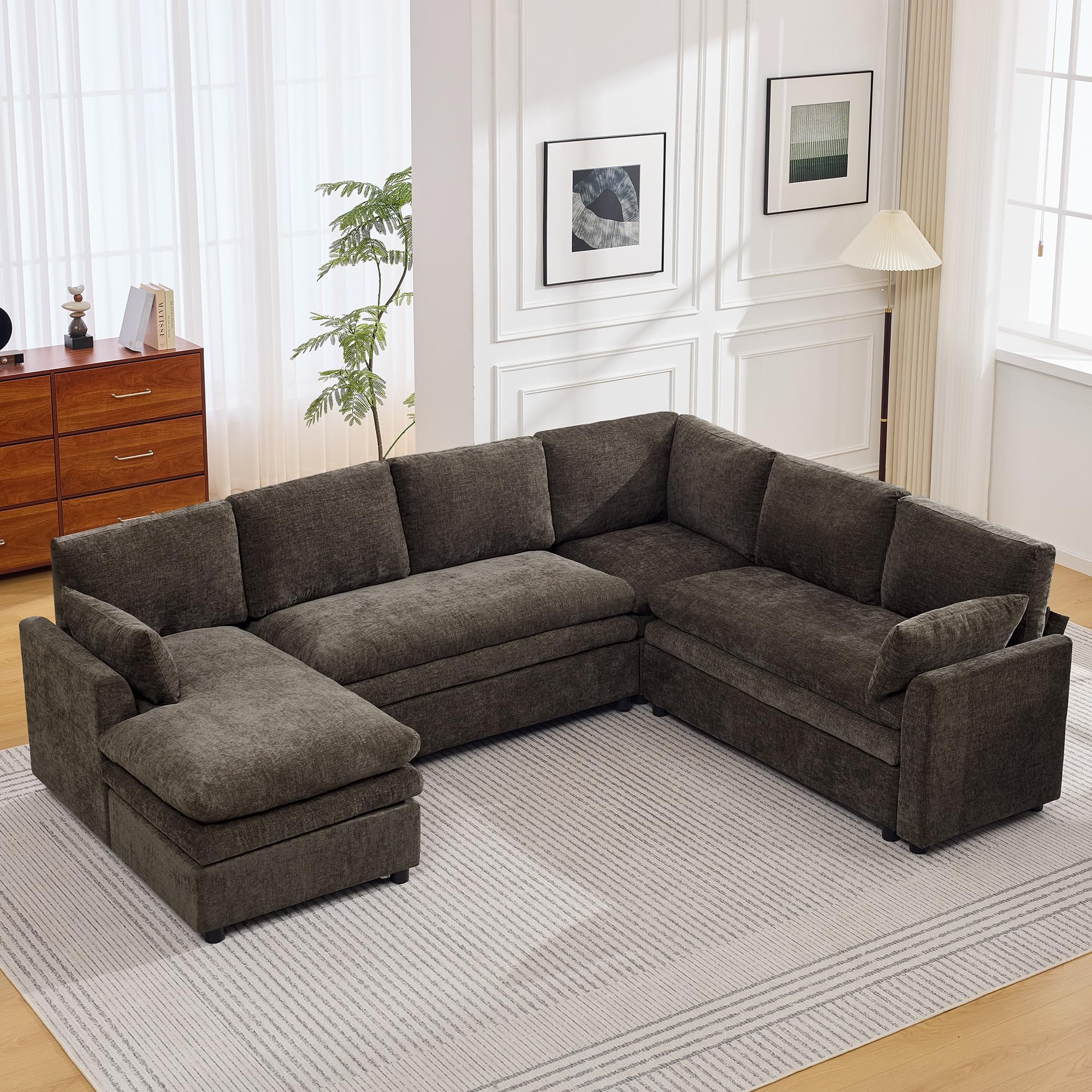 110" Sectional Couches with Left Chaise, Comfy Deep Dual-Layer Cushion Couch, 7 Seater U Shaped Couch, Modern Modular Sofa, Chenille Sofas for Living Room, Apartment, Brown