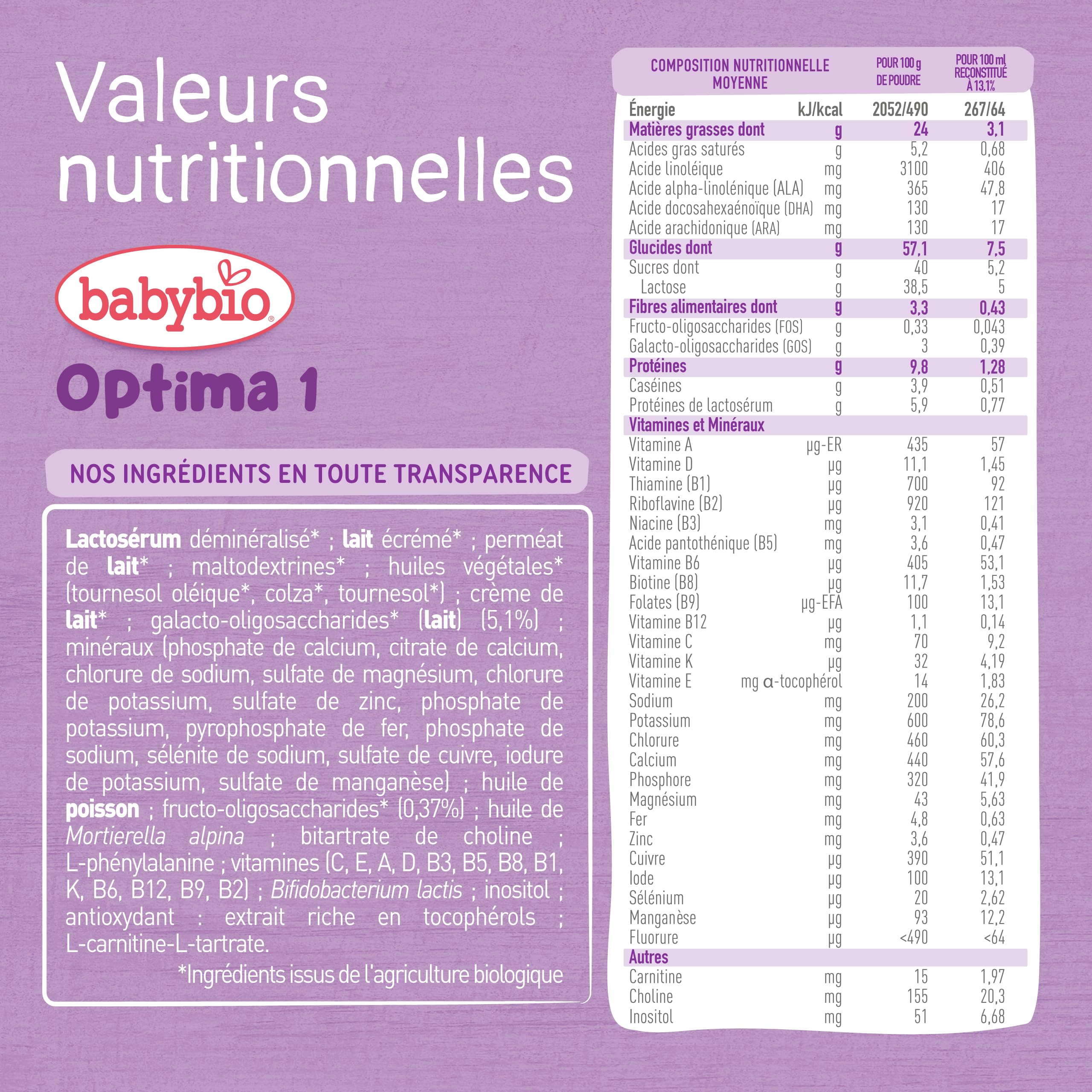 Babybio - Lait Infantile - Optima 1er Âge - 800g - de 0 à 6 Mois - BIO - Fabriqué en France - Sans Huile de Palme - Lot de 6