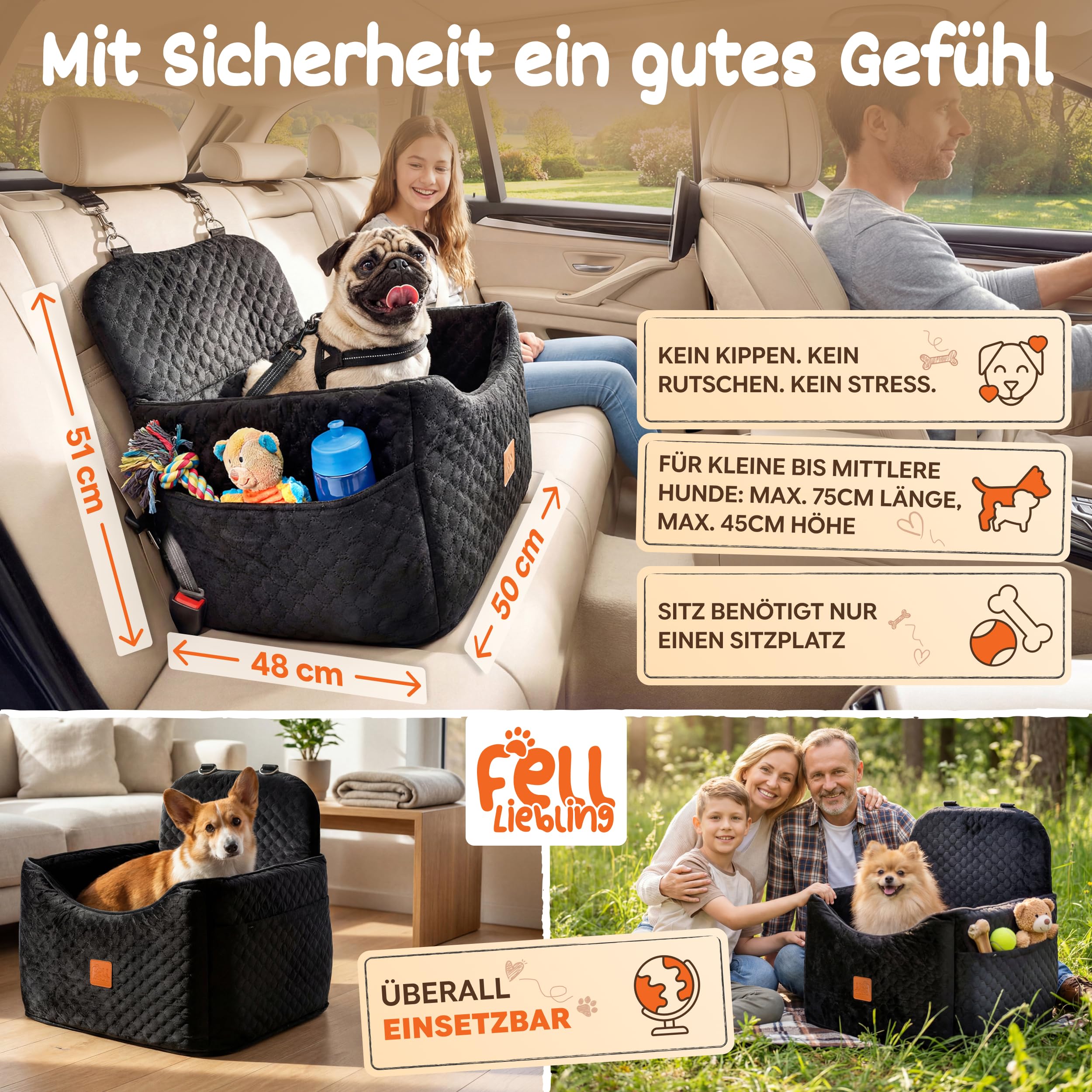 Premium Hunde Autositz für kleine bis mittlere Hunde [Testsieger] orthopädischer Autositz Hund, Hundesitz Auto Rückbank waschbar, Hundeautositz 3fach gesichert, Hundekorb Auto mit Sicherheitsgurt