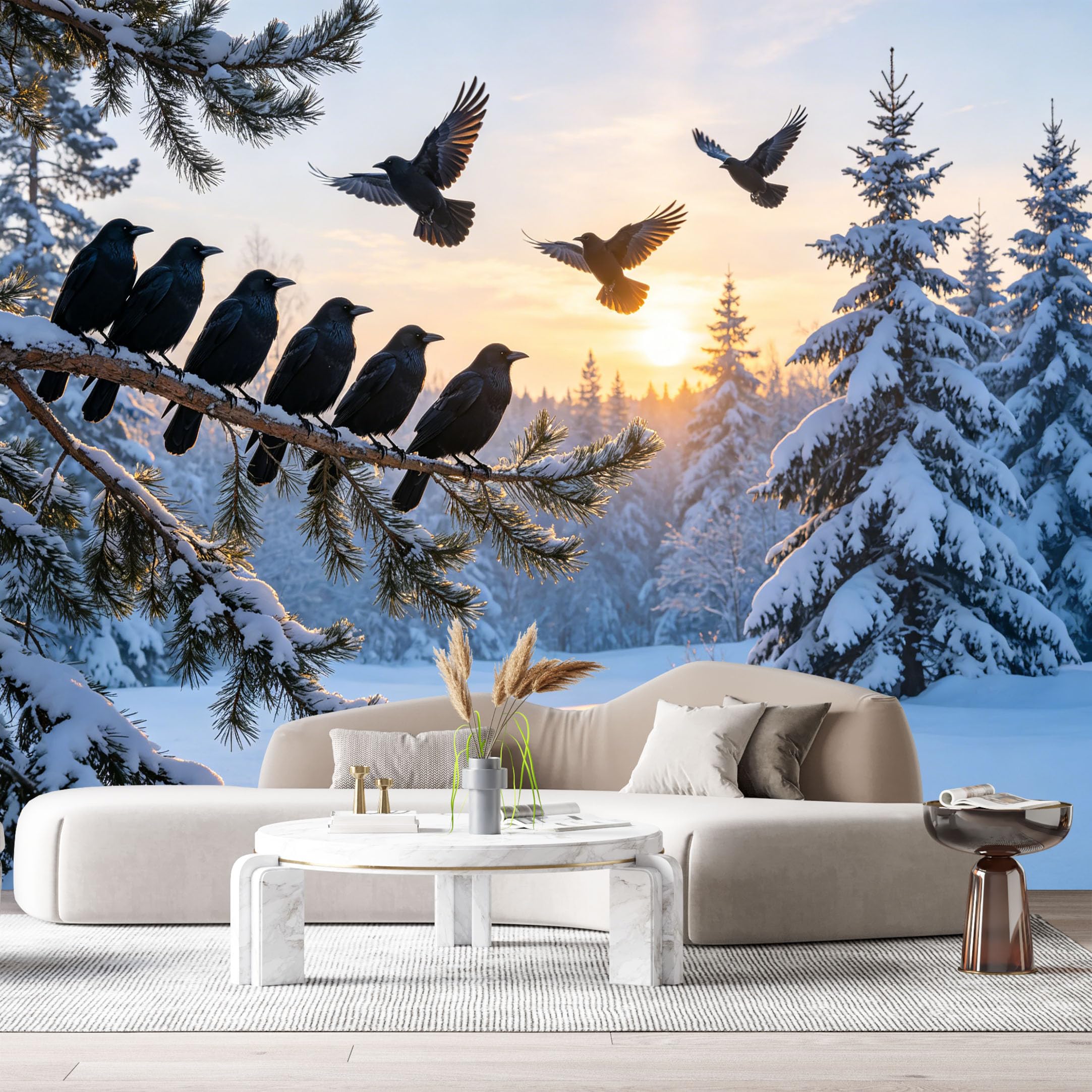 Custom Size Wall Murals Winter Forest Landscape Snowy Pine Trees Black Birds Sunrise SelfAdhesive Wall Fabric Removable Large Wallpaper for Photo Living Room