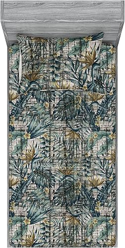 Miniatura 3 de Ambesonne Juego de sábanas bajeras tropicales y fundas de almohada, diseño abstracto de hojas de plátano de Monstera inspirado en olas retro