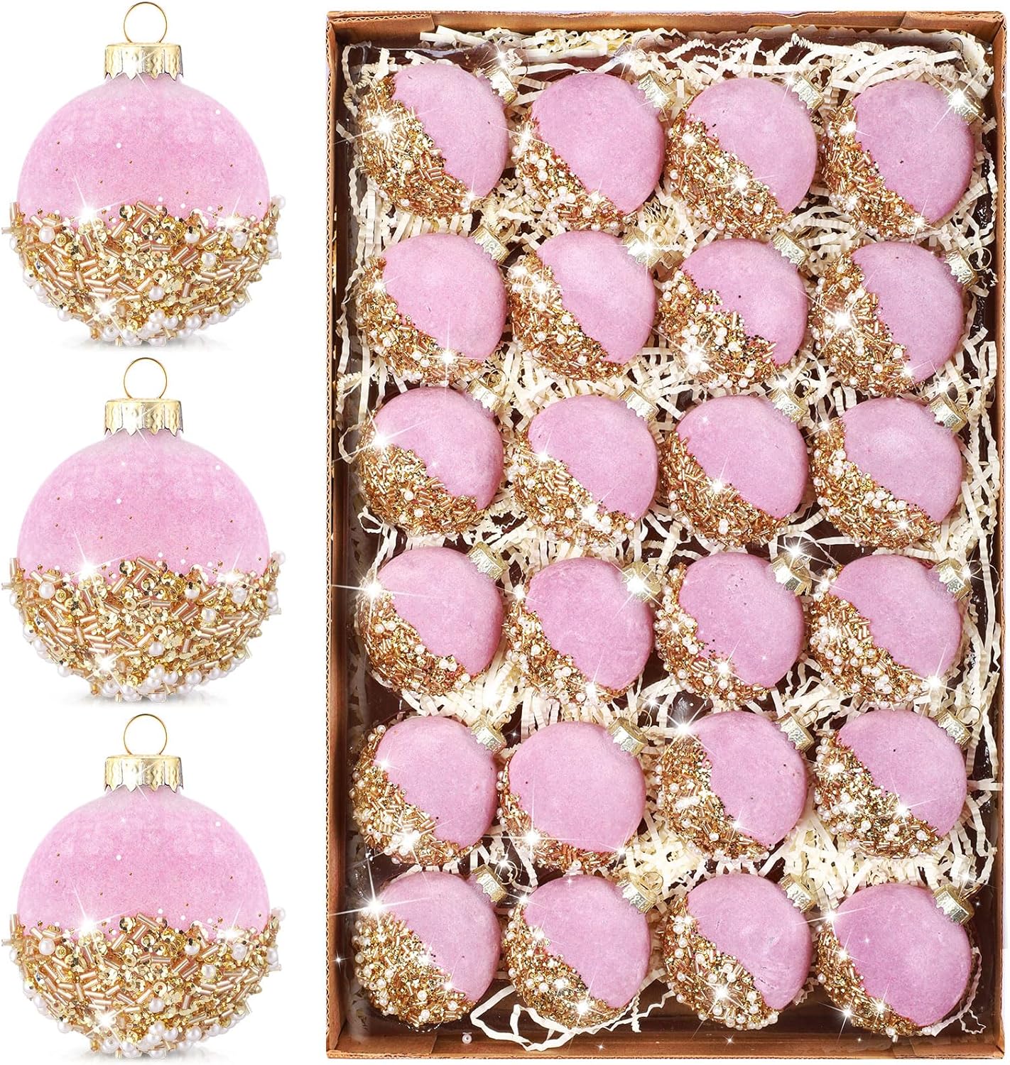 HyDren 24 Pcs 2.5 Inch Glitter Velvet Christmas Balls Ornaments Sequin Shatterproof Christmas Tree Ornaments Pearl Balls for Xmas Holiday Party Decoration (Pink)