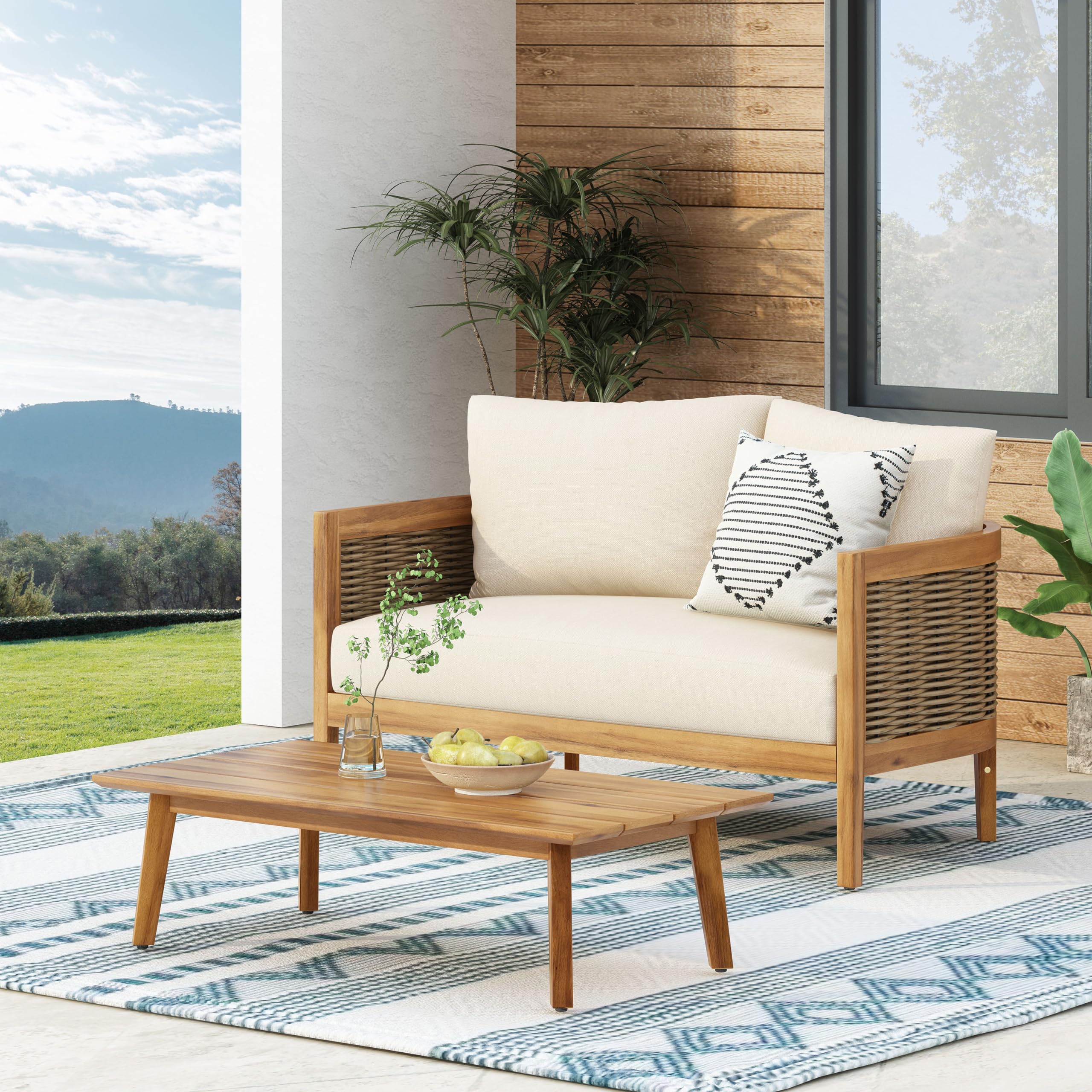 Kayiz - Juego de conversación de madera de acacia para patio, sofá biplaza al aire libre con mesa auxiliar, grupo de asientos para terraza de patio, detalles de ratán de