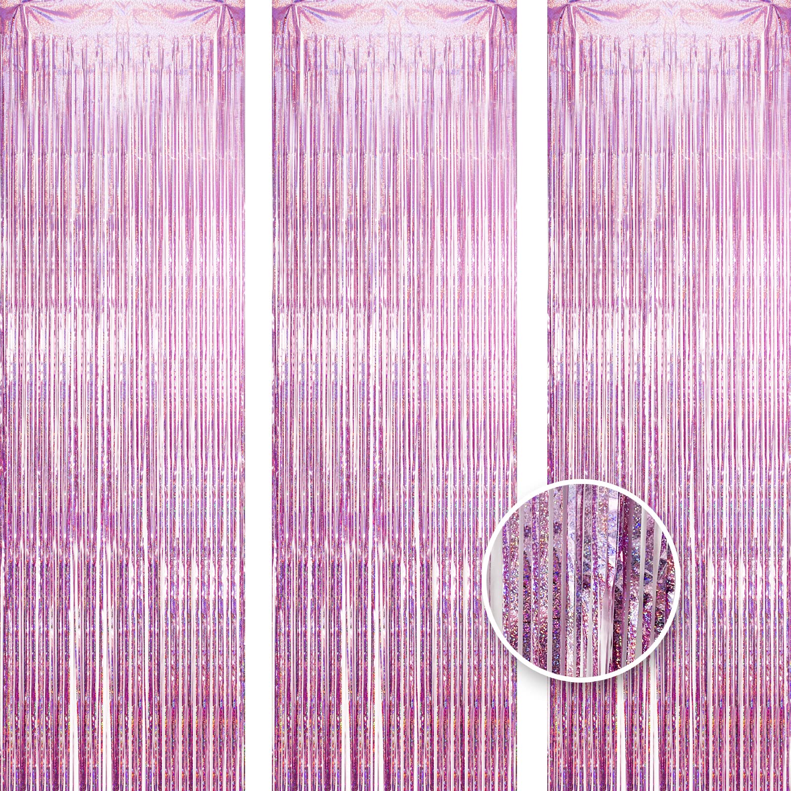 Owill 3pcs 3ft X 8.3ft Pink Tinsel Curtains Aluminum Foil Flow Silk Curtain Background Streamers for Birthday Girl Princess Unicorn Christmas Bachelorette Euphoria Party Decorations