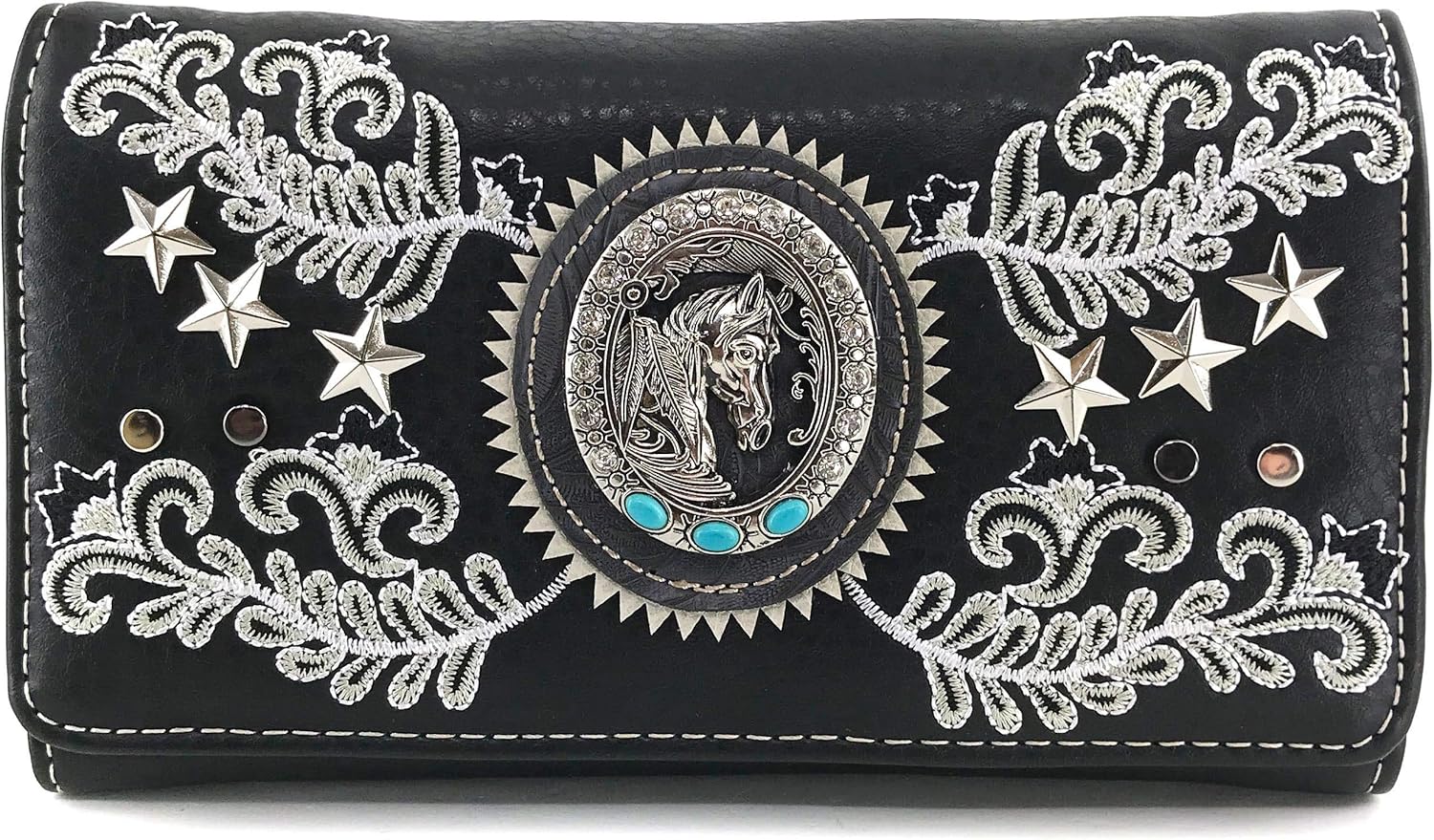 Zelris Western Horse Portrait Star Floral Women Crossbody Wrist Trifold Wallet