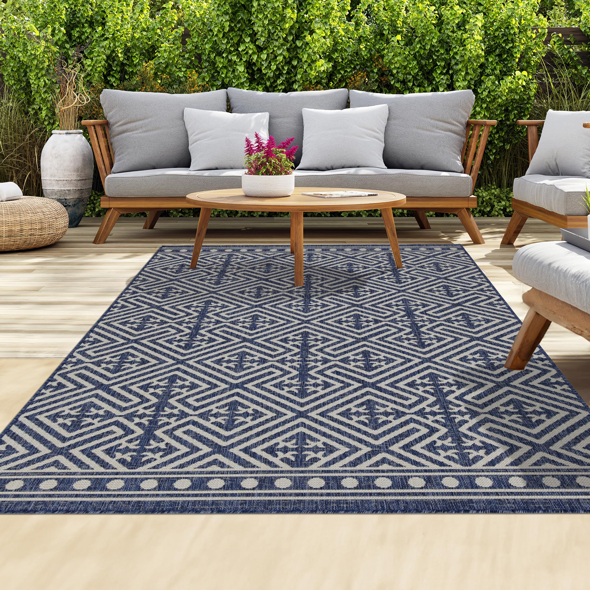 homeart Outdoor Rugs | Easy-Cleaning Indoor & Outdoor Area Rugs for Porch, Deck, Balcony, Garden, Picnic, Kitchen, Hallway | UV & Weather-Resistant Large Patio Rug Mats D.Blue Cream, 160 x 230 cm — image 1