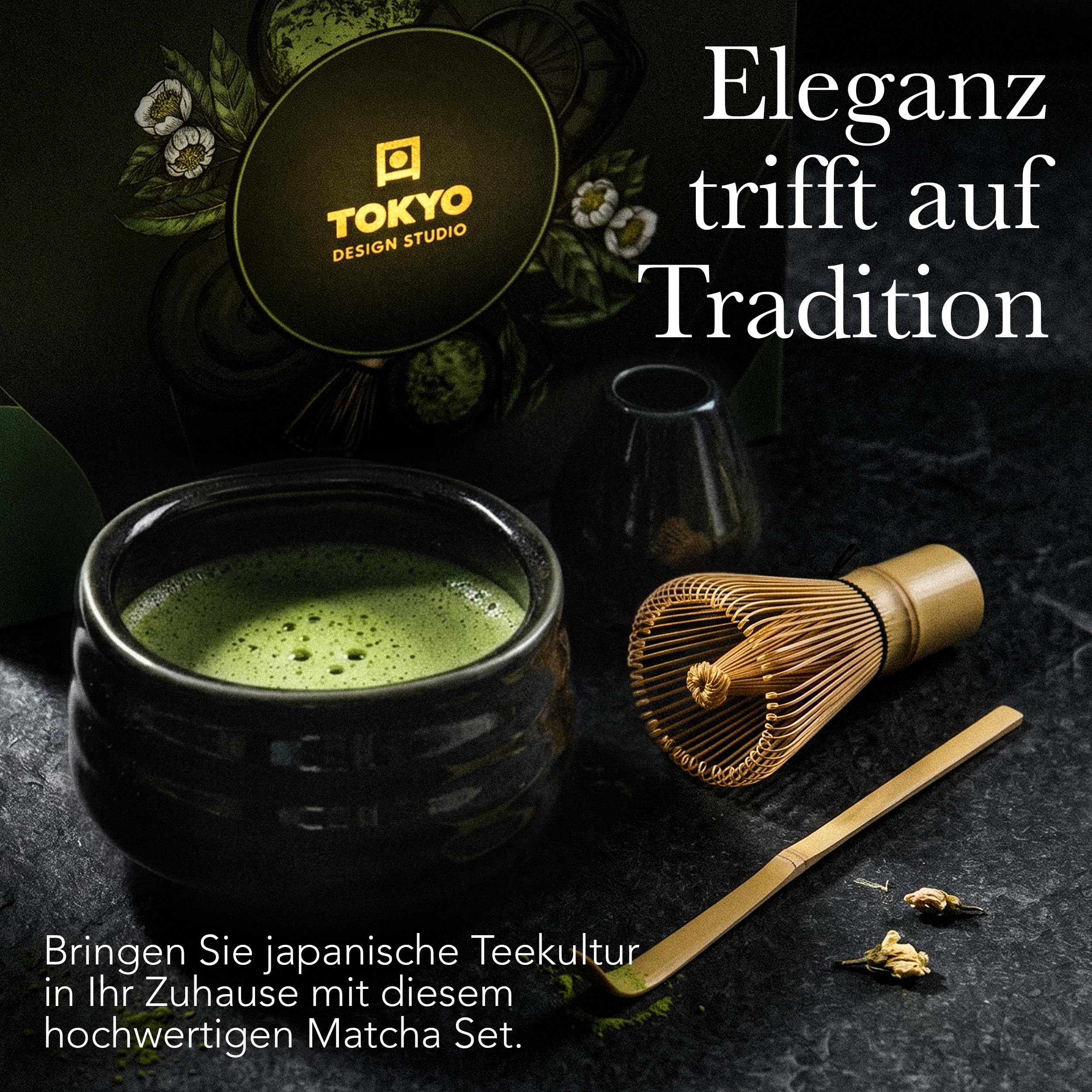 TOKYO design studio – 4-teiliges Matcha Set in hochwertiger Geschenkverpackung - mit Matchaschale, Bambusbesen, Bambuslöffel & Teebesenhalter – Traditionelle Teezeremonie – Edle Keramik in Schwarz