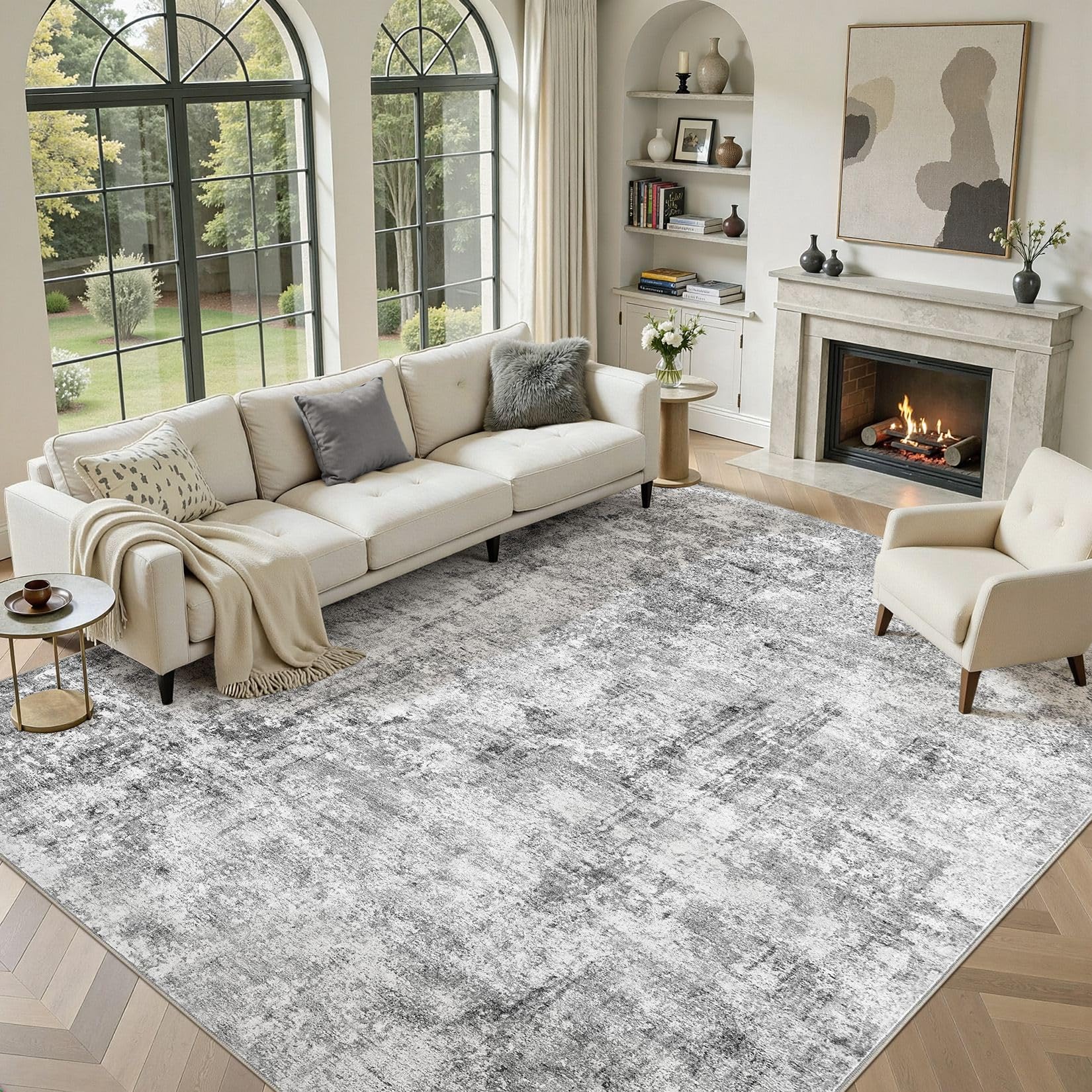 DMOYEST Washable Rugs Living Room 300x400cm - Large Abstract Neutral Modern Soft Non Slip Low Pile Kid Pet Friendly Carpet for Bedroom Dining Home Office - Light Grey