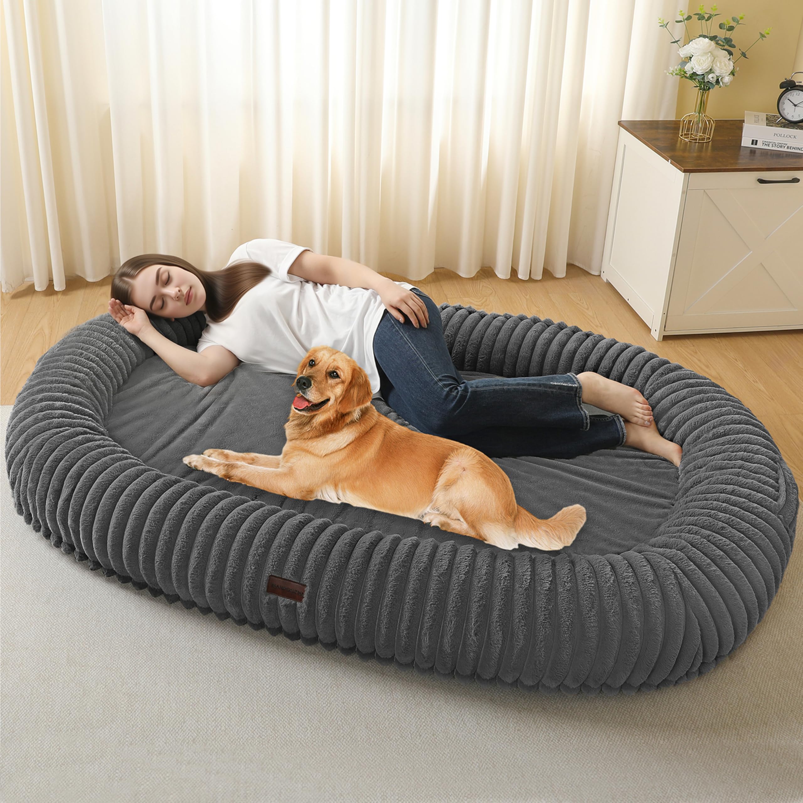 DANFOOZIO Human Dog Bed Fits Adult & Pets, Reversible 2 Layer Orthpedic Gel Memory Foam, Removable Double-Sided Mat with Cooling Fabric, Washable Faux