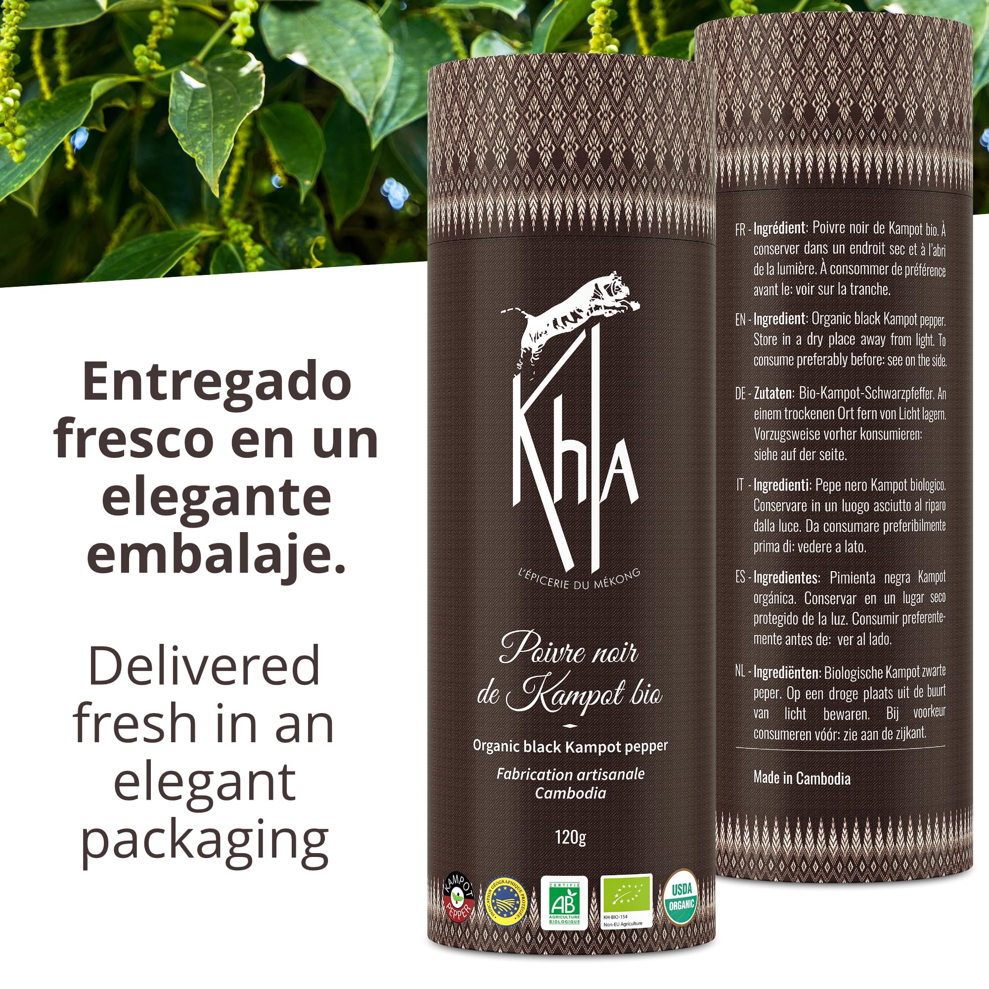 Khla - Set de 3 Pimientas de Kampot - Pimienta Negra, Blanca y Roja - 3 x 120g - Set Regalo Especias de Cocina - Pack Pimentas Gourmet - Regalo para Mujer, Hombre - Origen Camboya