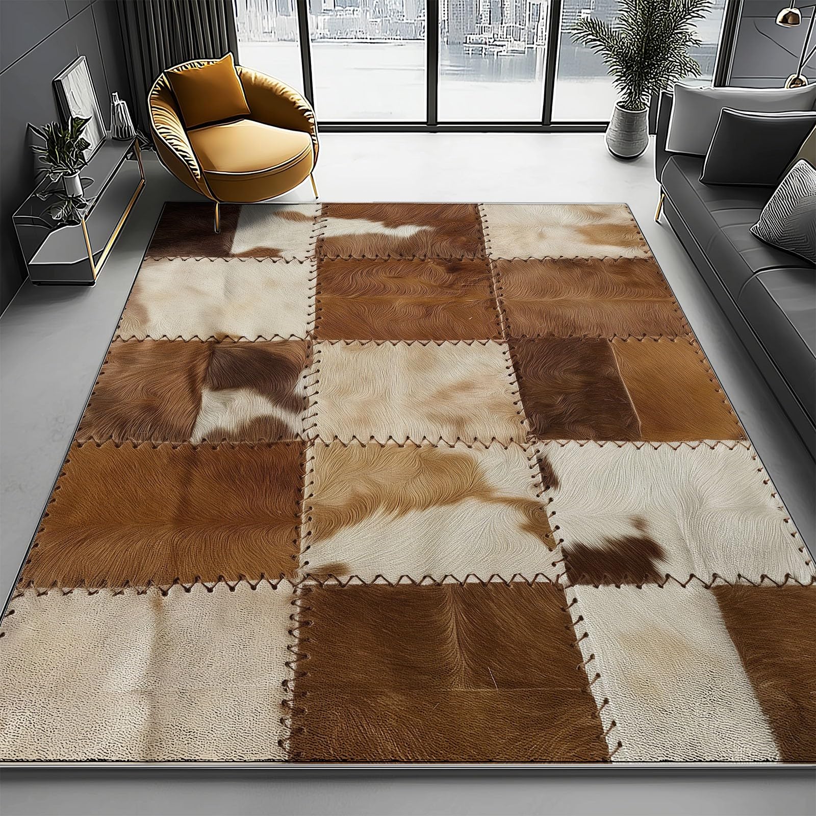 Tappeto per soggiorno, camera da letto, sala da pranzo, ufficio, ingresso, Semplice Patchwork Di Mucca Stampato a pelo corto morbido leggero antiscivolo durevole 80 x 150 cm, Marrone Bianco