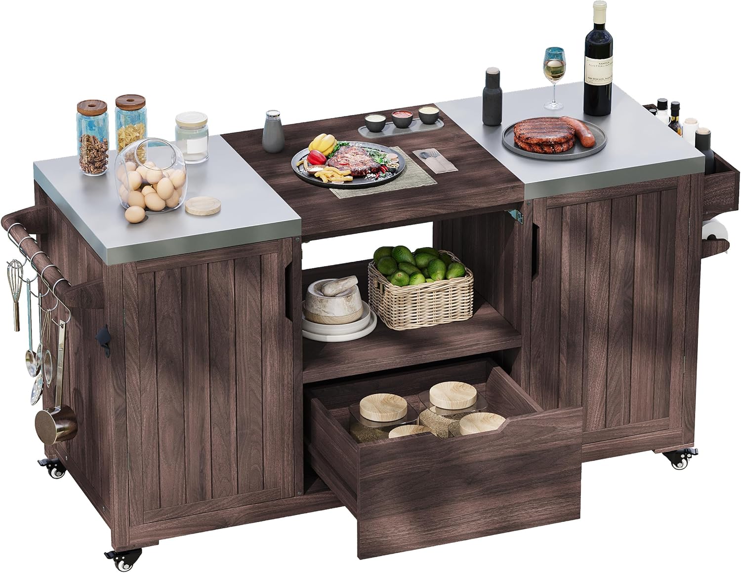 Outdoor Kitchen Island with Large Big Green Egg, Wood Outdoor Grill Cart Compatible with for Tabletop Grill with Stainless Steel Top and Drawer (Dark Brown)