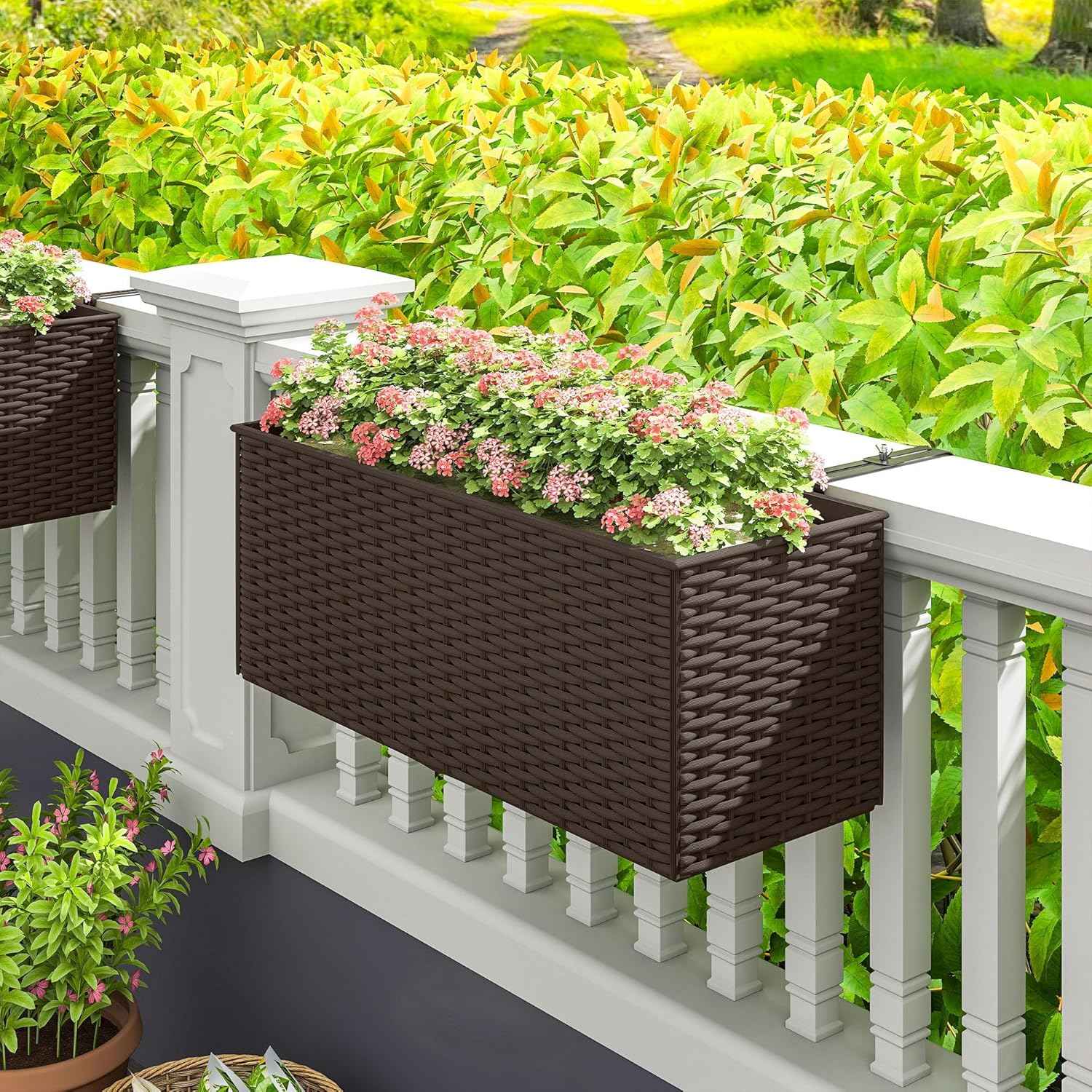 Outsunny Railing Planter Box (2 Pack, 20 Inch), Hanging Flower Pots with Hooks, Drainage Holes for Fence, Balcony, Garden, Patio, Rattan Look, Brown