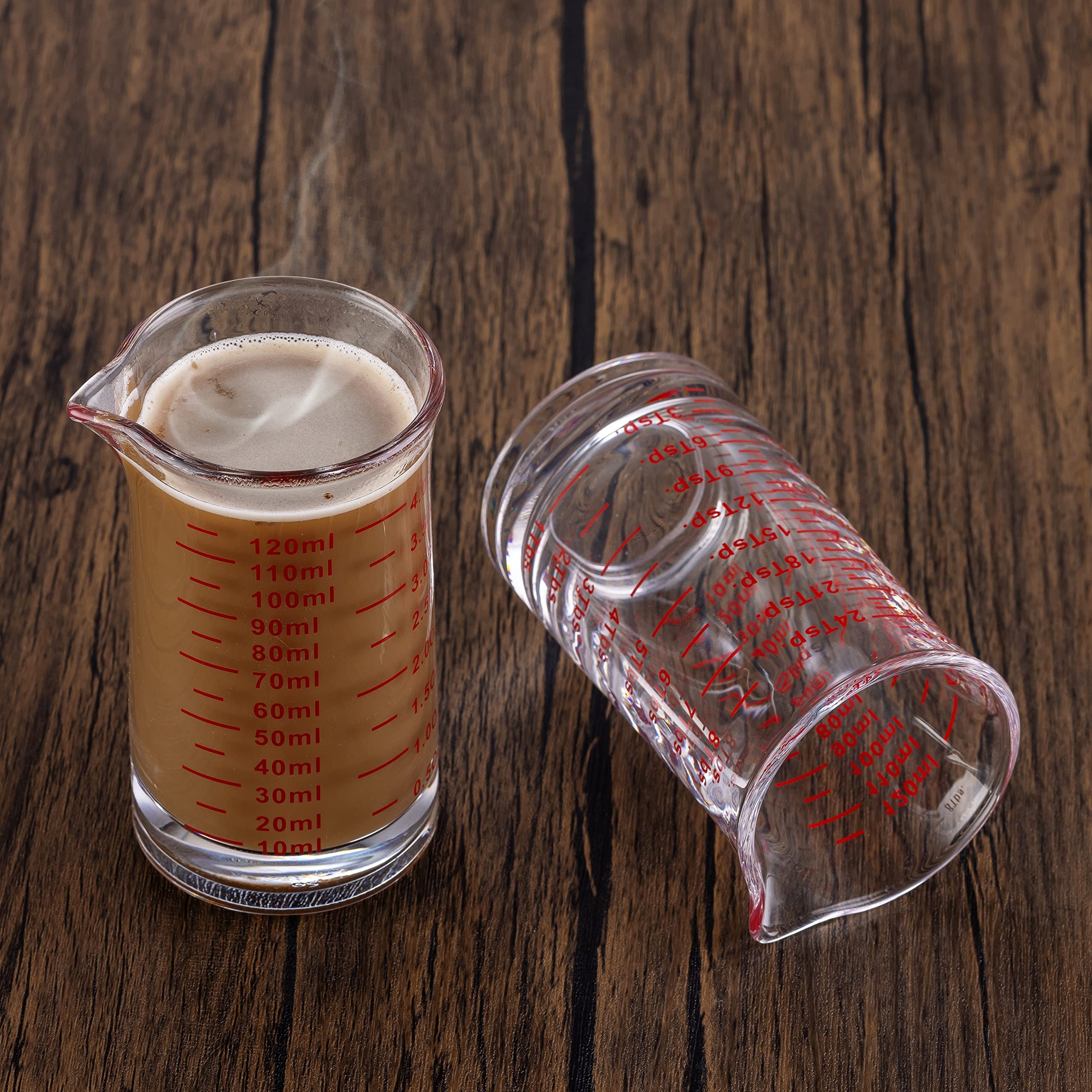 Ackers Vaso medidor de vaso de chupito de 4 onzas/120 ml líquido pesado taza de vidrio espresso línea roja, boquilla en forma de V (paquete de 2)