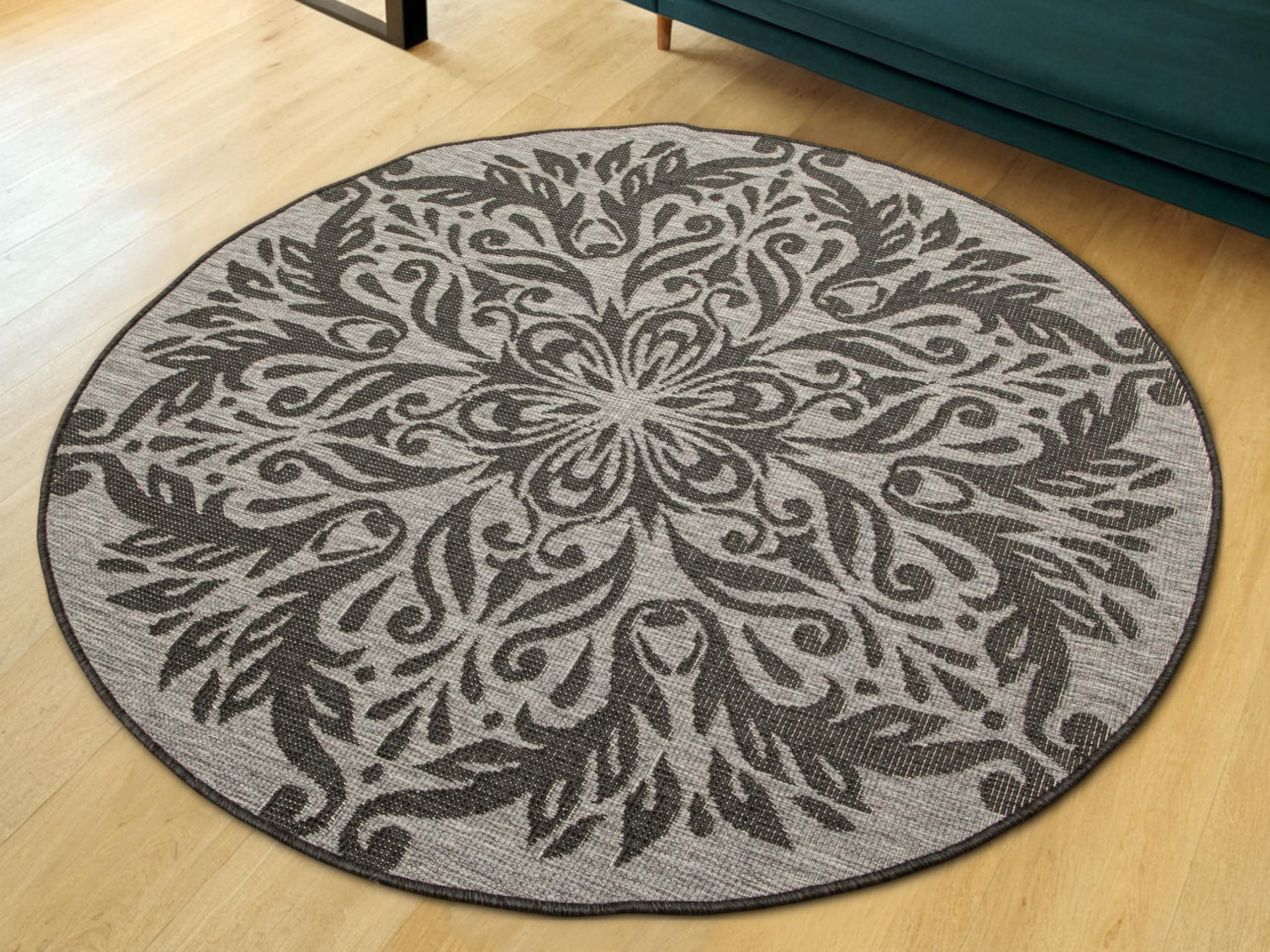 Sizalowy dywan, dwustronny, sznurkowy, na zewnątrz, do wewnątrz, na taras, na balkon, do salonu, nowoczesny, naturalne kolory, okrągły, ornament. (śr. 160 cm)