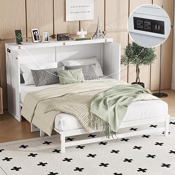SOFTSEA Queen Murphy Bed with Charging Station Foldable Cube Cabinet Chest Bed with Large Drawer Wood Queen Wall Bed for Guest Room, Space Saving