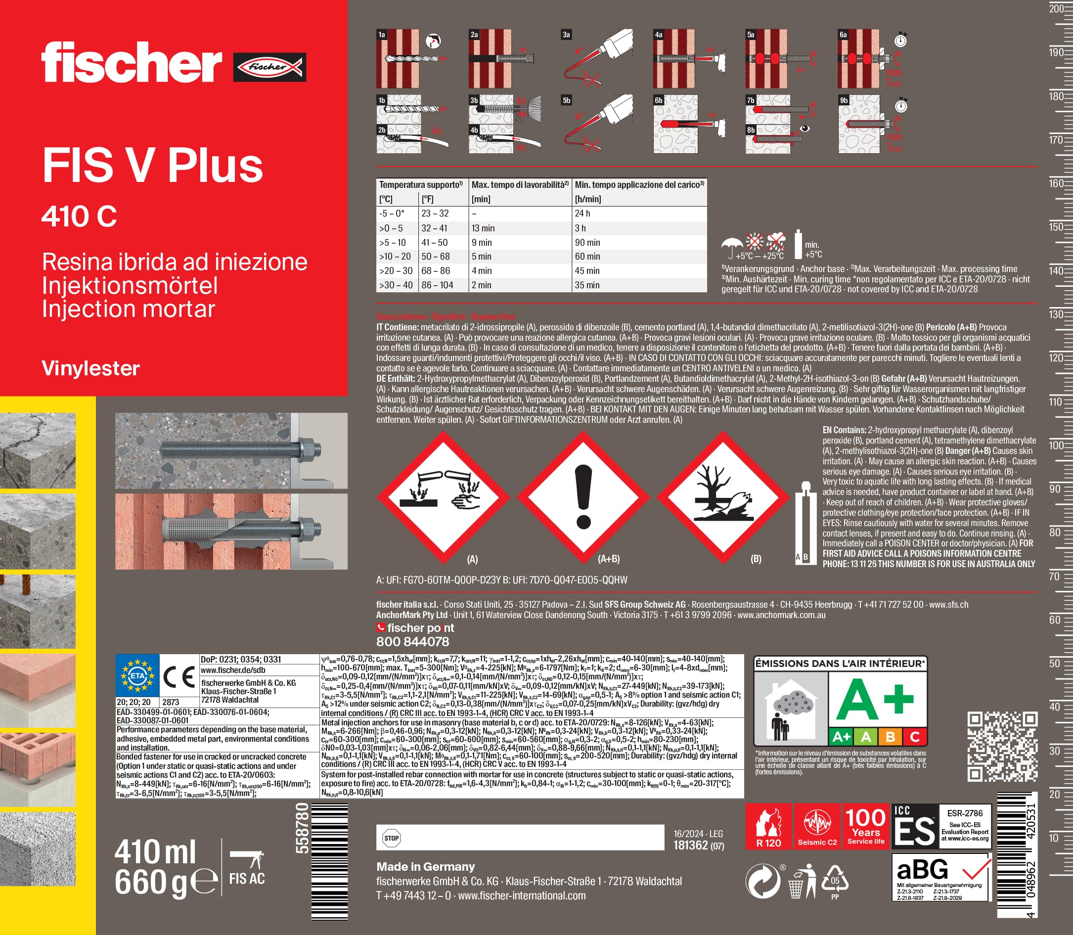 Fischer FIS V PLUS 410C Ancorante Chimico Strutturale per Calcestruzzo e Muratura, Cartuccia 410ml con 2 Miscelatori