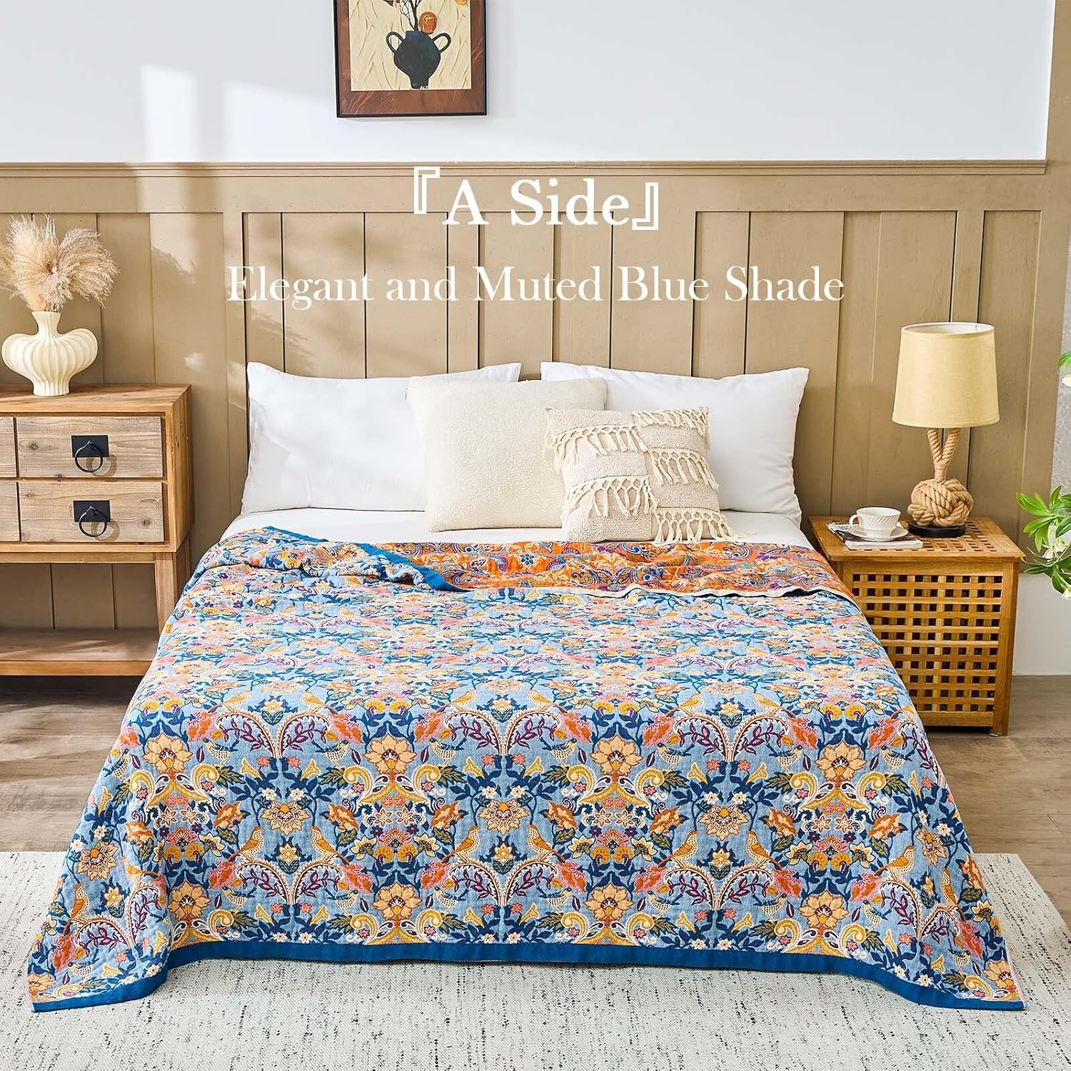 Blue Orange Fall Blanket 80"x 90" Boho Throw Blankets for Couch Bed Chair, 100% Cotton Quilts Warm Soft Blanket Muslin Bed Blankets Home Decor Farmhouse Warm Throws Gifts for Women Mom - Image 2