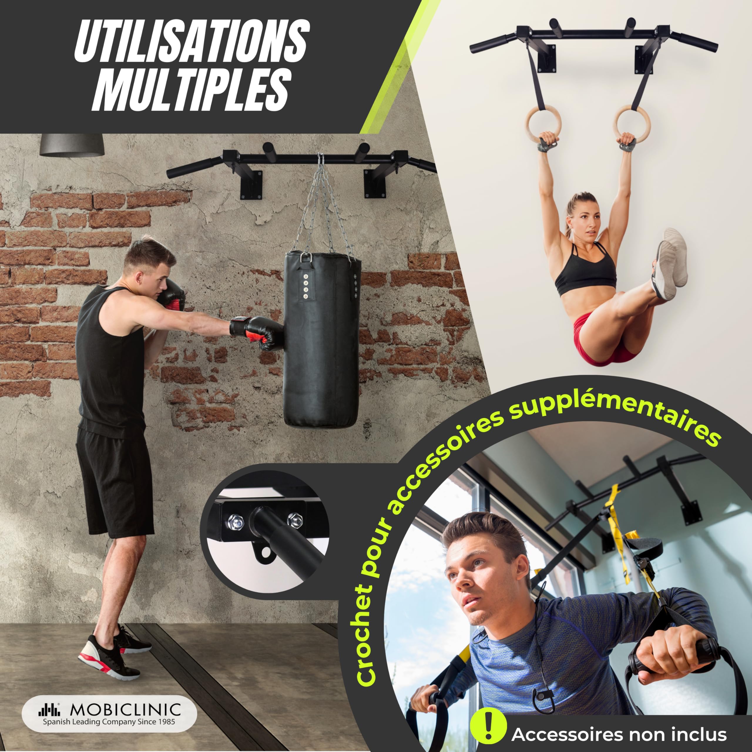Mobiclinic® fitness, Barre de traction murale, K3, Kit d'ancrage, Acier, Max. 250 kg, Exercices musculation, Poignées en mousse
