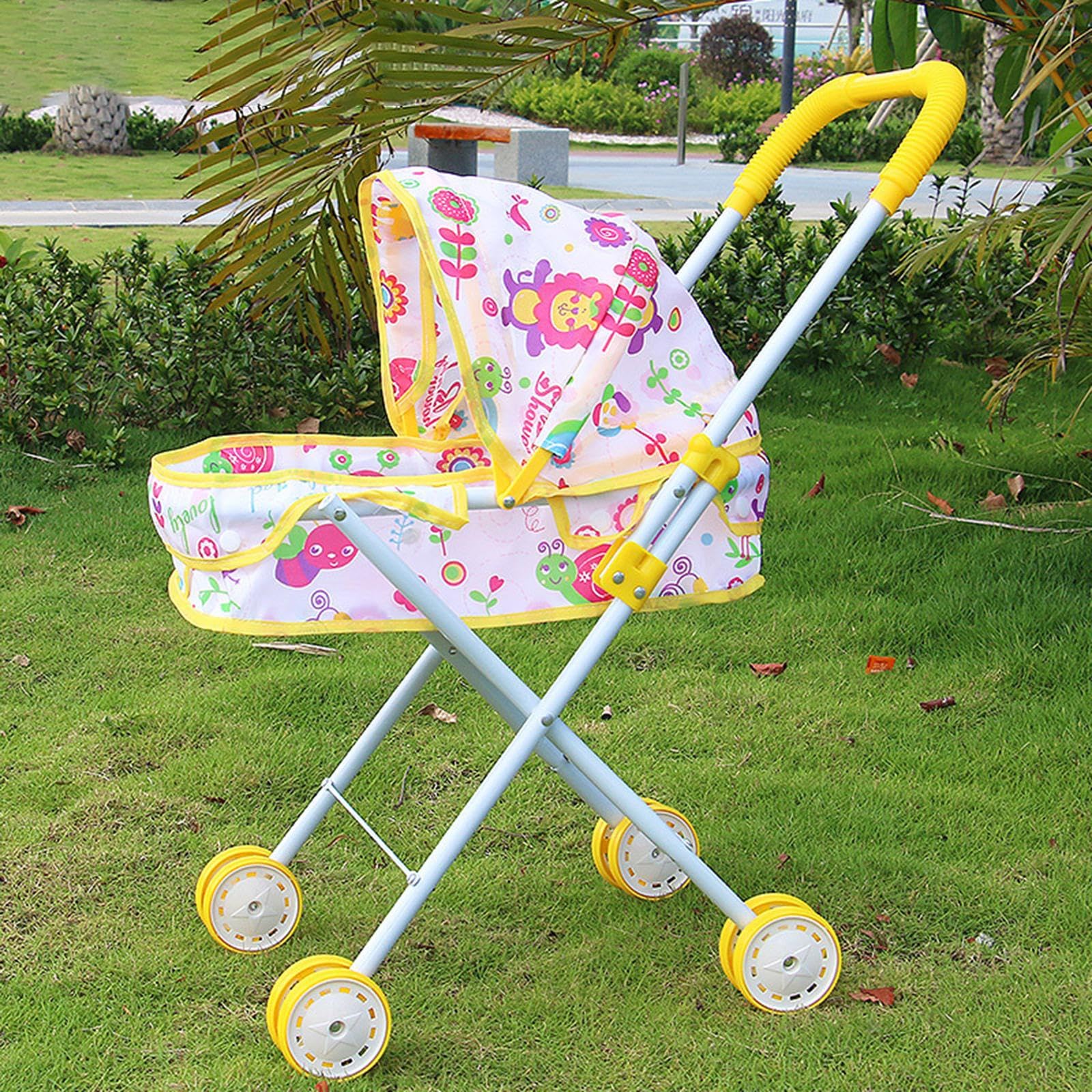 Puppenwagen Faltbarer Kinderwagen Puppenbuggy Rollenspiel Spielzeug Aus Eisen Und Pp mit Stabiler Unterstützung für Geschenk Lernspiel Dekoration Kind, Gelb