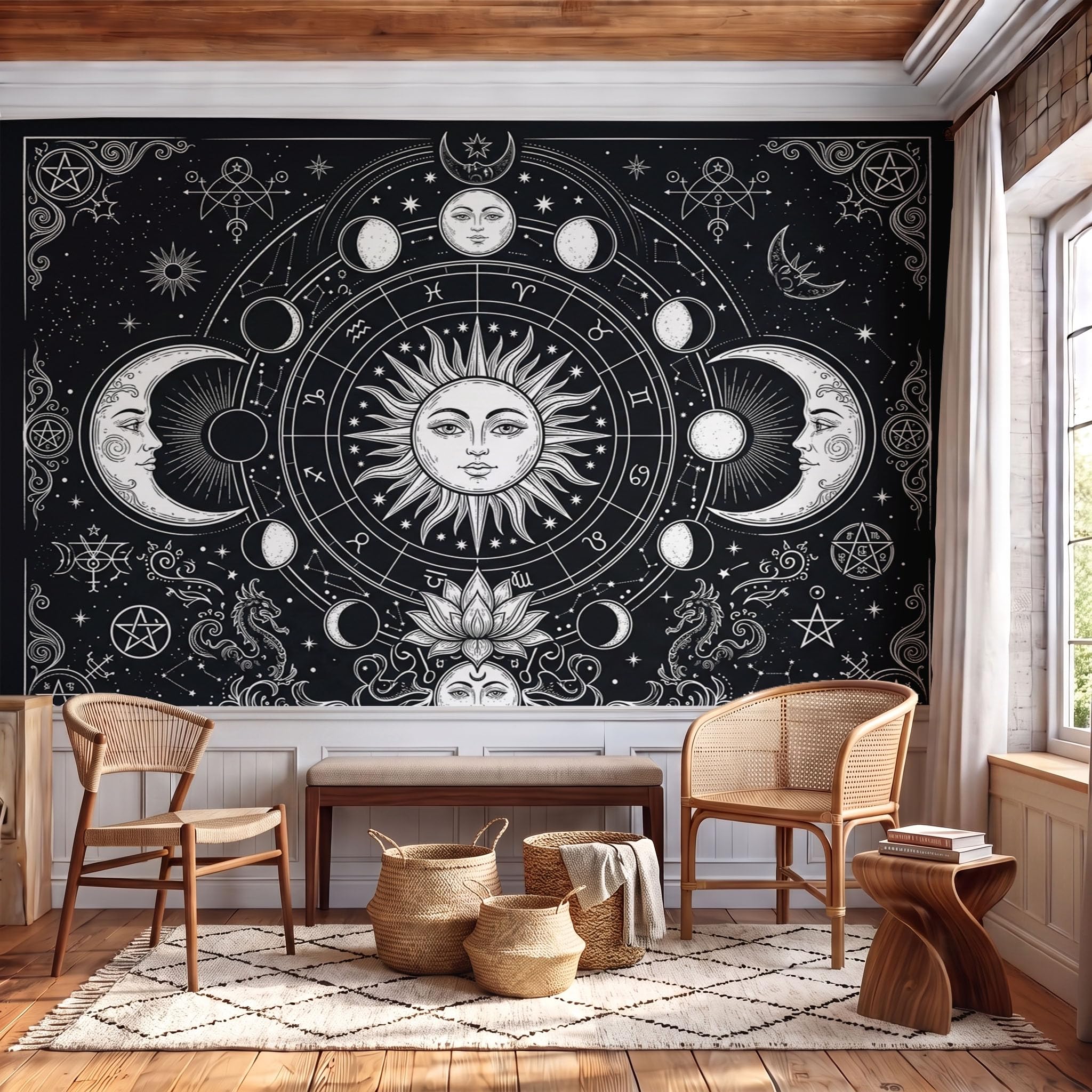 Papier Peint Panoramique Mystère Soleil Lune Portrait 400X280Cm Murale Photo | Paysage De Tarot Bohème Noir Et Blanc Tapisserie Murales Papier Peint Intissé Pour Chambre Salon Fond Tv Muraux