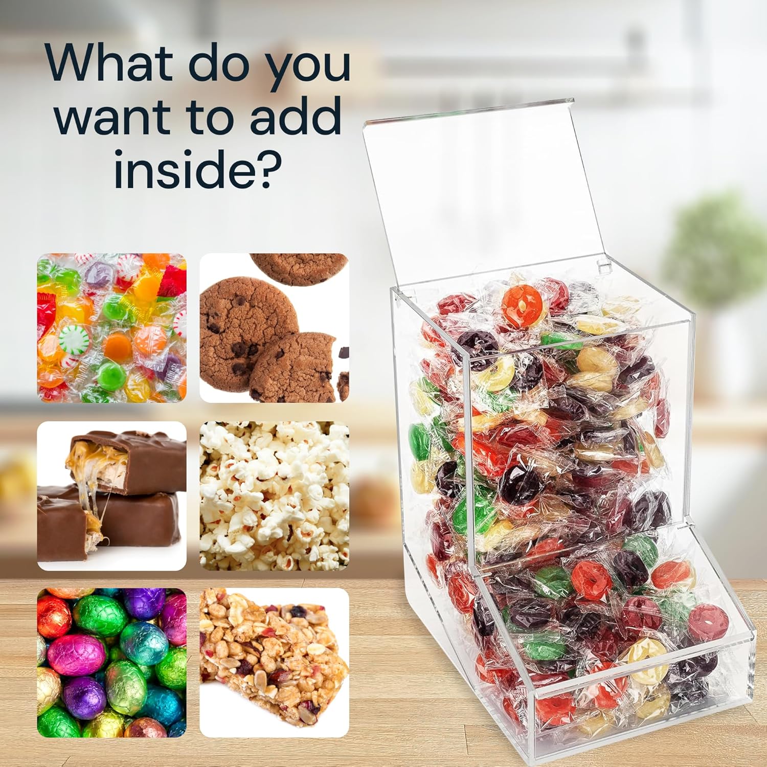 SimplyImagine Acrylic Candy Dish & Treat Organizer Dispenser - Rectangular Non-Porous Acrylic - Dual Lids for Fresh Bulk Treats & Cereal Countertop Display