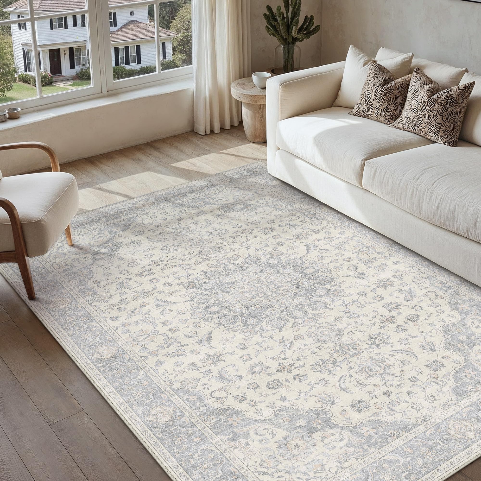 PureCozy Vintage Tapis Salon 160x230cm Gris Antidérapant Chambre Enfant Rug Lavable en Machine Grand Rugs Salle a Manger Bureau Salle de Jeux Carpets Interieur Doux Poil Ras Carpet