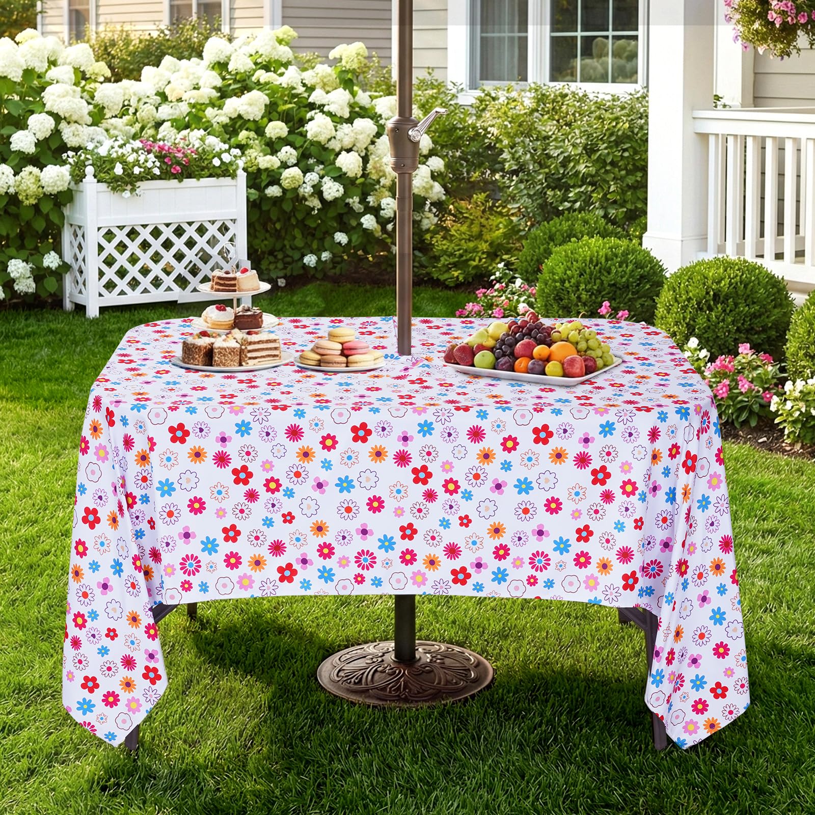 Eternal Beauty 60''X104” Rectangle Tablecloth Waterproof Outdoor Tablecloth with Umbrella Hole Zipper for Patio Spring Summer Picnic Tables (Multicolored Flower, 104" x 60" (Rectangular))