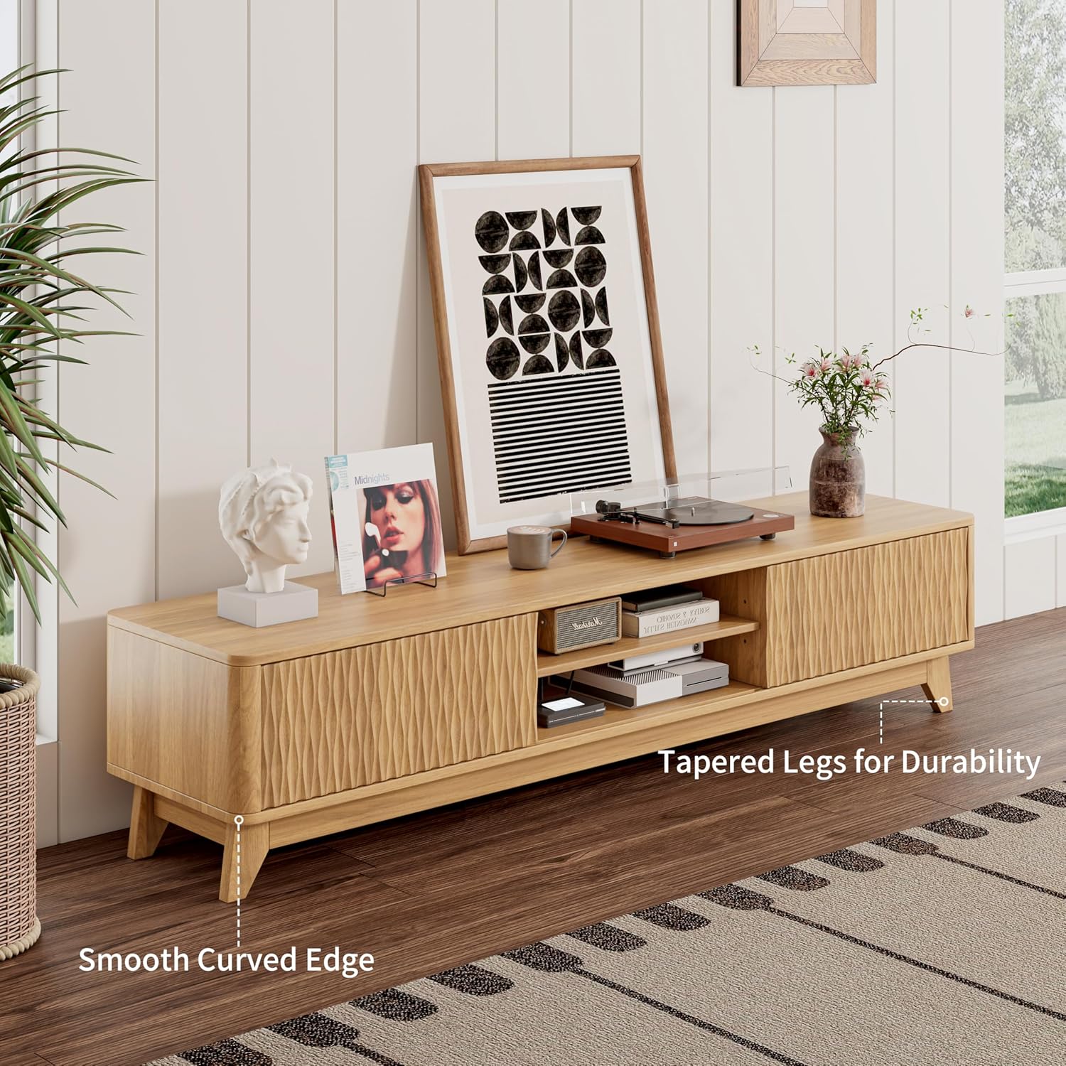 59" TV Stand for Living Room, Mid Century Modern Entertainment Center for 55/60/65 Inch TV, Media Console with Fluted Sliding Doors and Sturdy Box Frame Leg, Natural Oak - Image 2